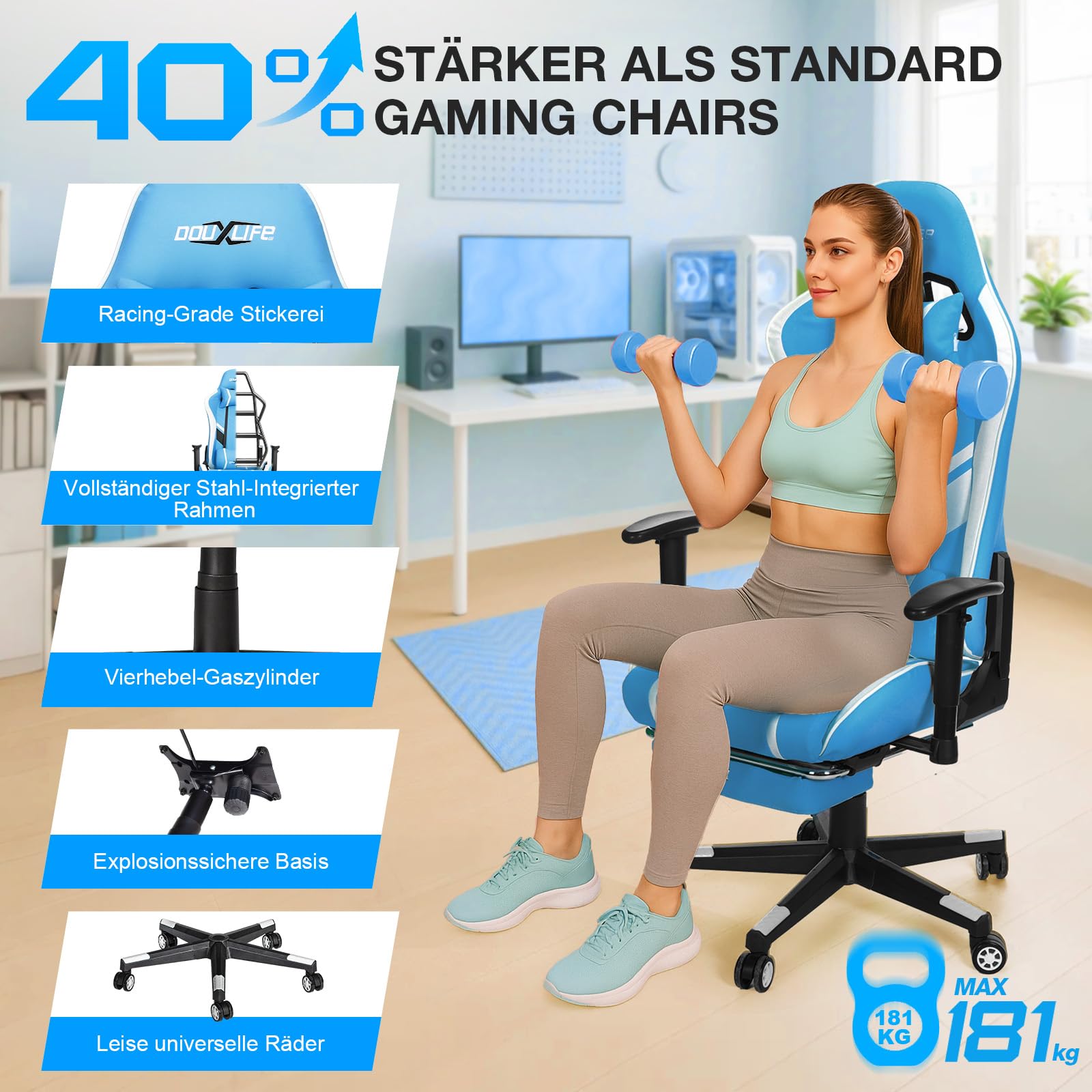Douxlife Gaming Chair, met 7-punts massage, voetensteun, ergonomische bureaustoel (180 kg), rugleuning verstelbaar van 90-175°, verstelbare armleuningen, bureaustoel voor volwassenen, zwart-wit 