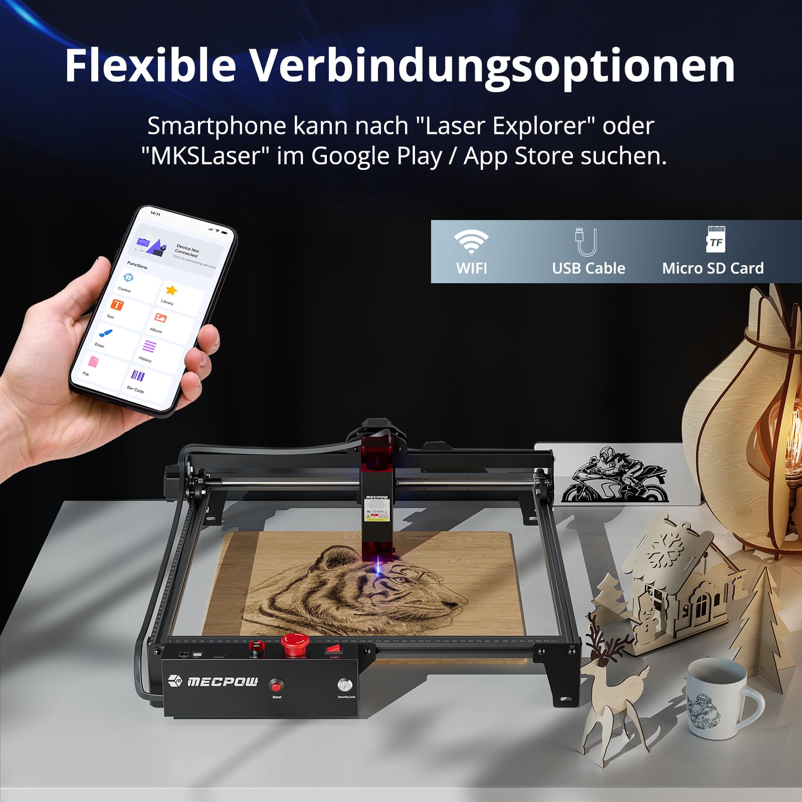 Mecpow X3 Pro lasergraveermachine met luchtondersteuning, 10W graveermachine en lasersnijder voor hout en metaal, 60W CNC-freesmachine met noodstop, vlam- en gyrodetectie, oppervlak 410 x 400 mm 