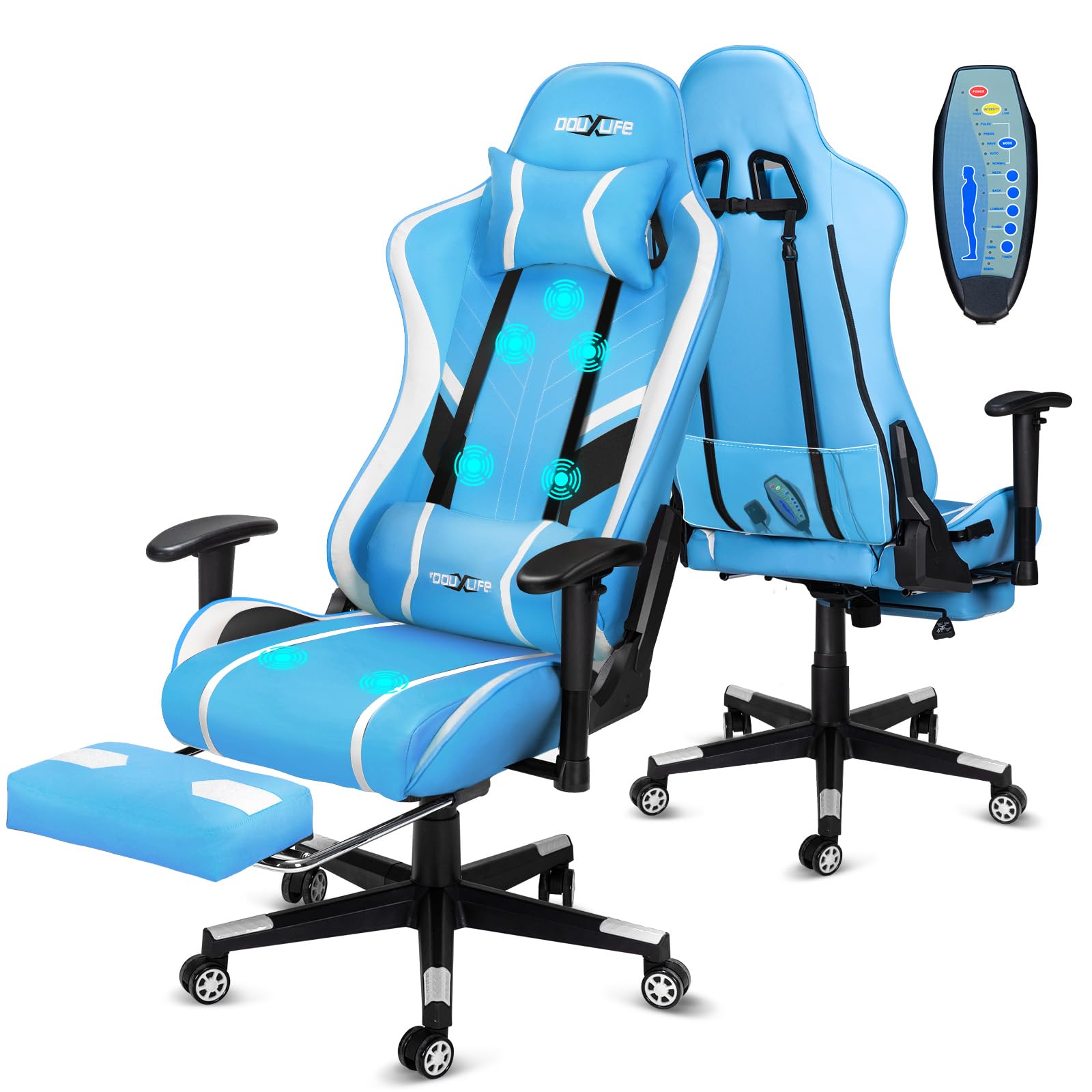 Douxlife Gaming Chair, met 7-punts massage, voetensteun, ergonomische bureaustoel (180 kg), rugleuning verstelbaar van 90-175°, verstelbare armleuningen, bureaustoel voor volwassenen, zwart-wit 