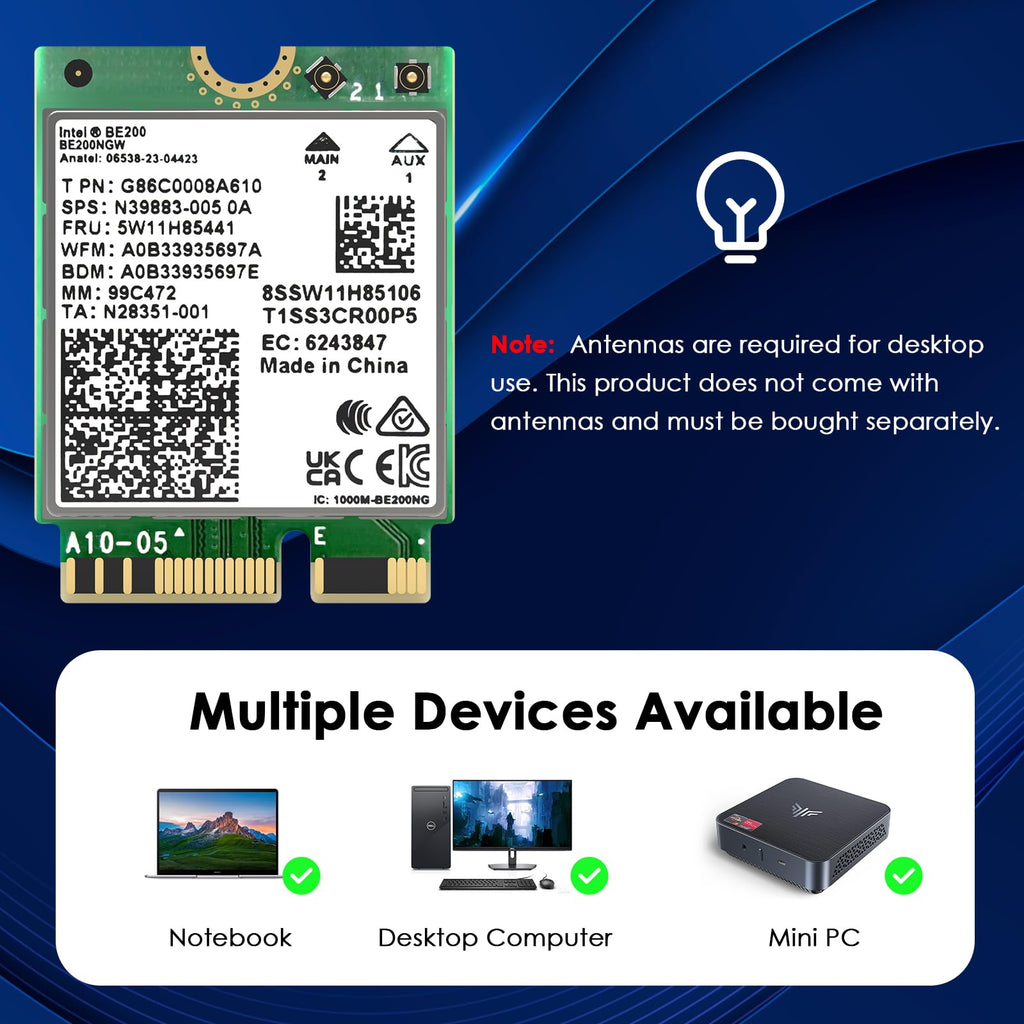 WAVLINK WiFi 7 PCIe-kaart BE8800 voor desktop-pc, tri-band BE200 draadloze adapter met Bluetooth 5.4, MU-MIMO, WPA3, voor Windows 10/11 (64-bits), ondersteunt geen AMD-moederborden 