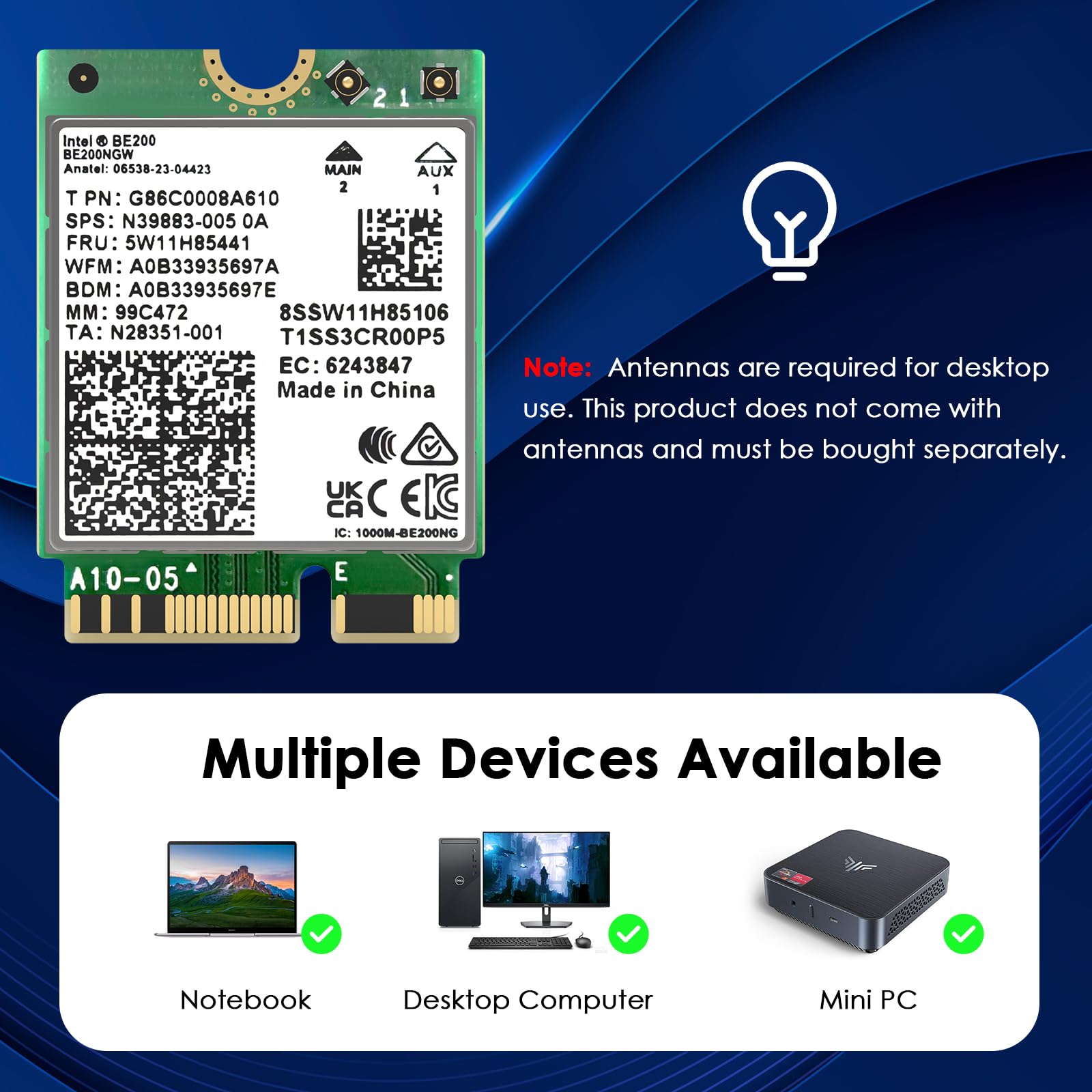 WAVLINK WiFi 7 PCIe-kaart BE8800 voor desktop-pc, tri-band BE200 draadloze adapter met Bluetooth 5.4, MU-MIMO, WPA3, voor Windows 10/11 (64-bits), ondersteunt geen AMD-moederborden 