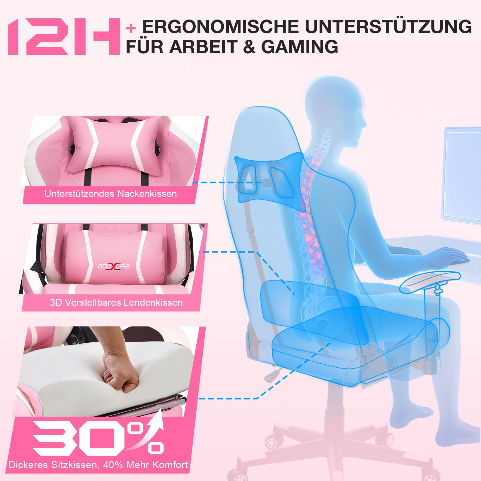 Douxlife Gaming Chair, met 7-punts massage, voetensteun, ergonomische bureaustoel (180 kg), rugleuning verstelbaar van 90-175°, verstelbare armleuningen, bureaustoel voor volwassenen, zwart-wit 