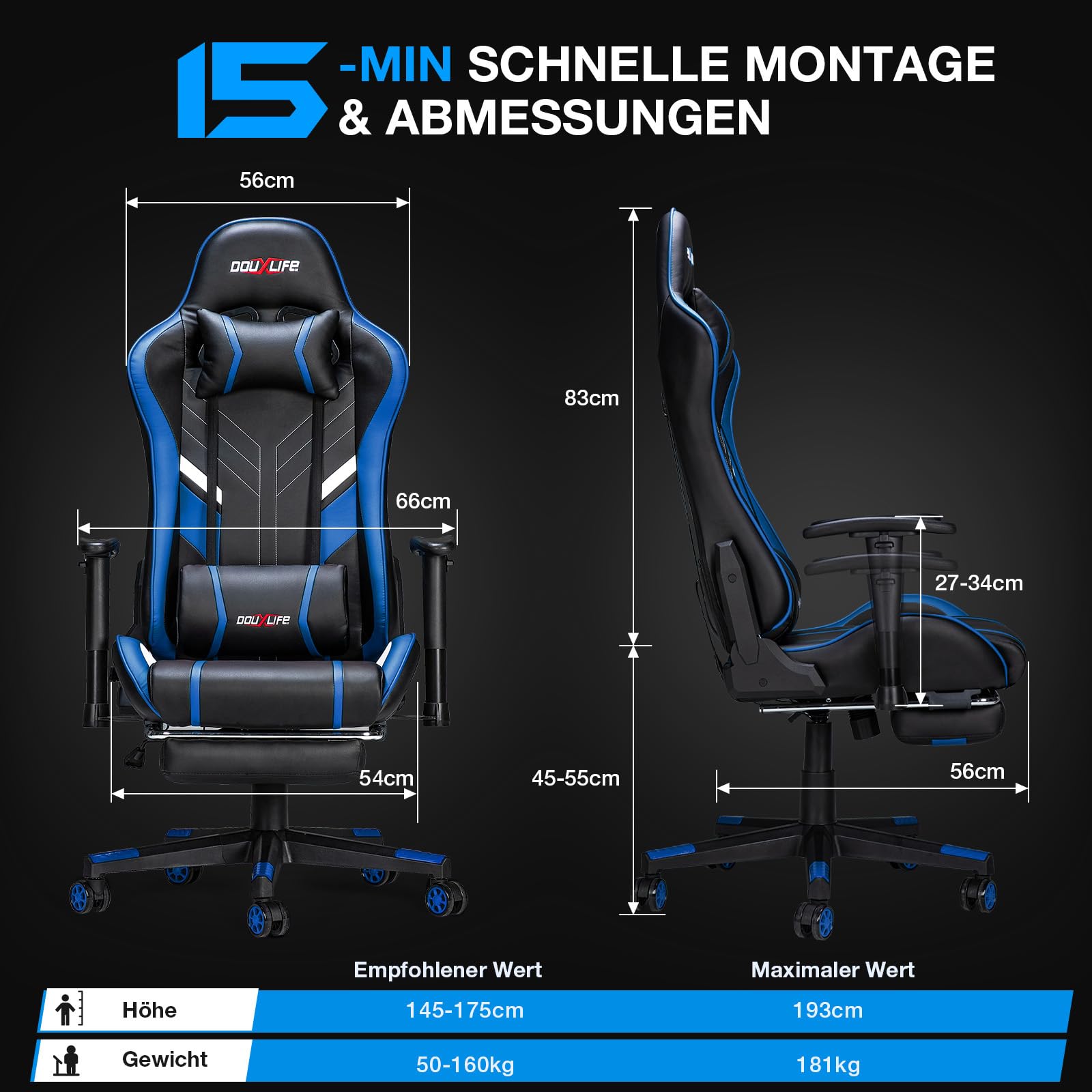 Douxlife Gaming Chair, met 7-punts massage, voetensteun, ergonomische bureaustoel (180 kg), rugleuning verstelbaar van 90-175°, verstelbare armleuningen, bureaustoel voor volwassenen, zwart-wit 