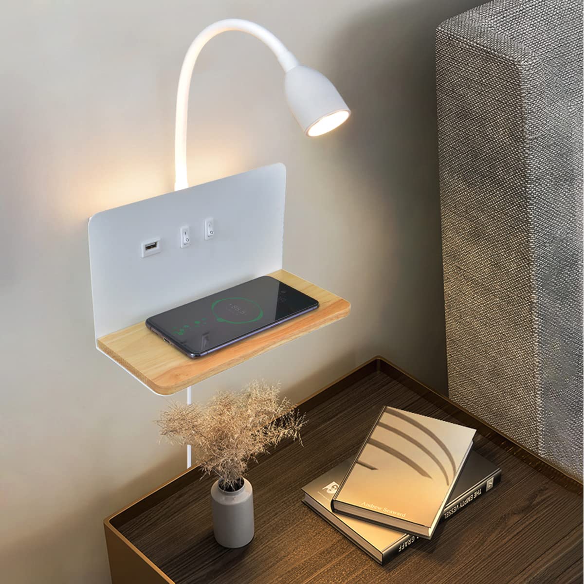 Witte LED-wandlamp voor binnen met stekker, wandlamp voor de slaapkamer met USB-poorten en 10W draadloze oplader, verstelbare en flexibele leeslamp met zwanenhals, bedlamp van 3000K met achtergrondverlichting 