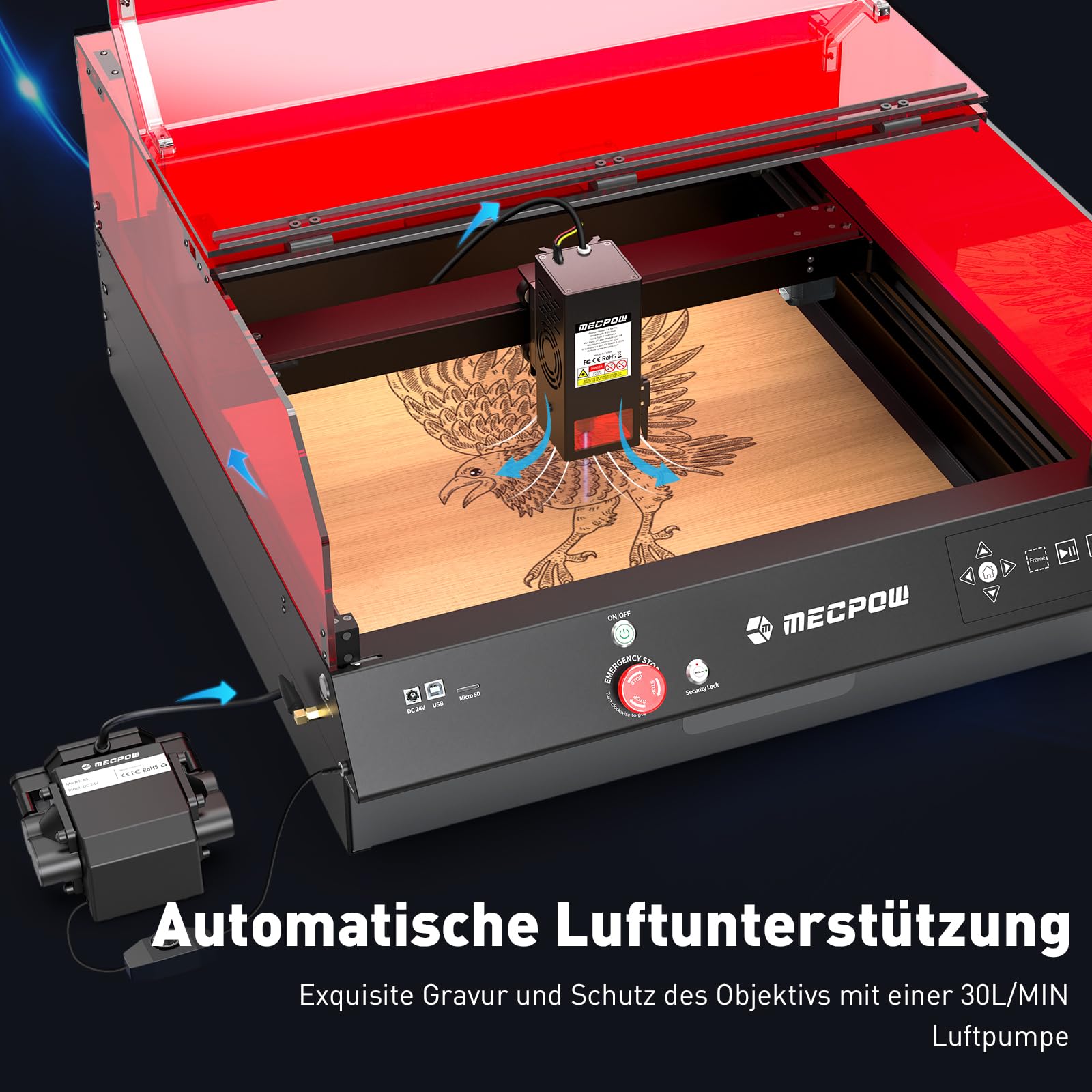Mecpow X3 Pro lasergraveermachine met luchtondersteuning, 10W graveermachine en lasersnijder voor hout en metaal, 60W CNC-freesmachine met noodstop, vlam- en gyrodetectie, oppervlak 410 x 400 mm 