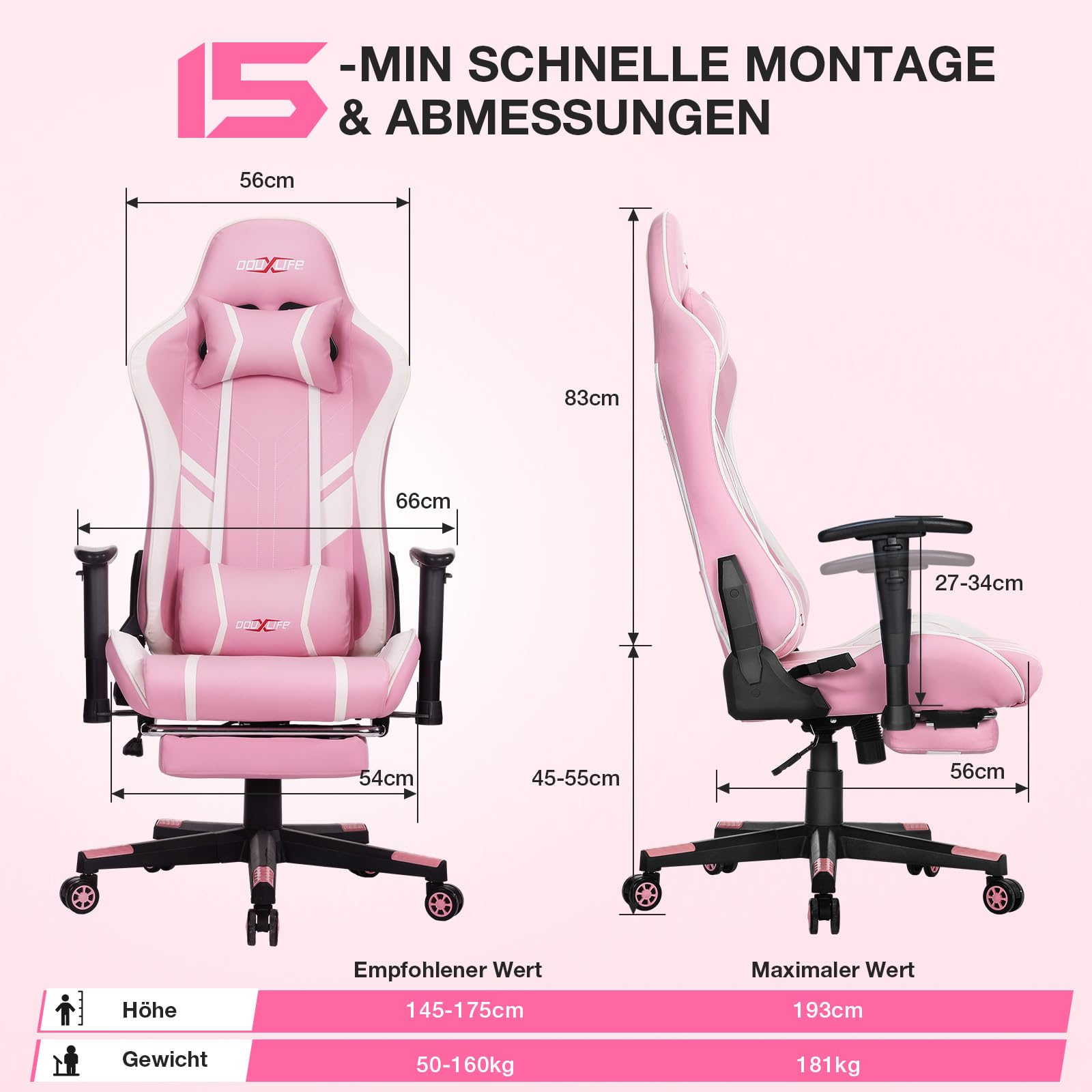 Douxlife Gaming Chair, met 7-punts massage, voetensteun, ergonomische bureaustoel (180 kg), rugleuning verstelbaar van 90-175°, verstelbare armleuningen, bureaustoel voor volwassenen, zwart-wit 