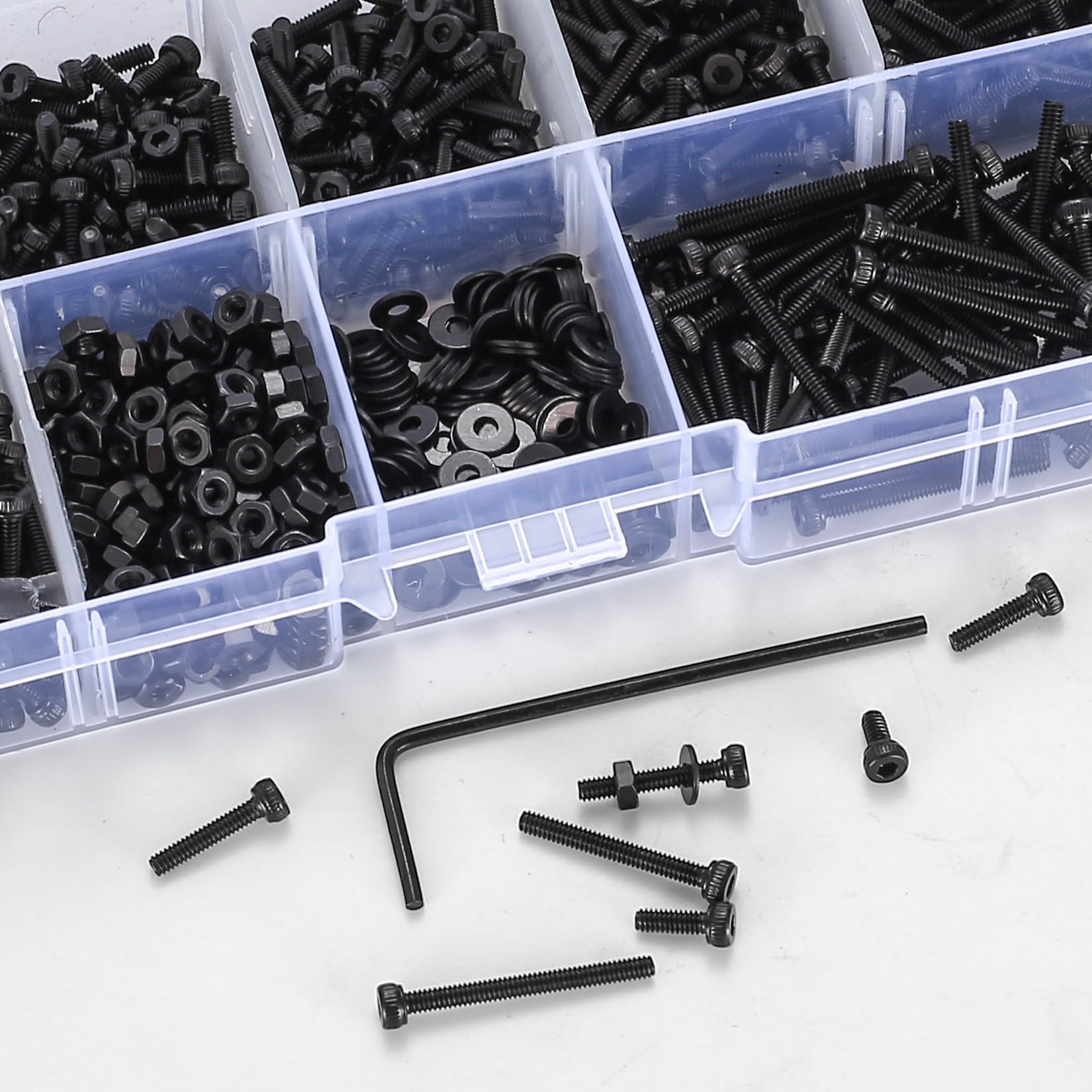 410 stuks M2 verzonken kop zeskantschroeven, 10.9 koolstofstaal volledige draad machineschroeven, moeren en ringen assortiment met inbussleutels 