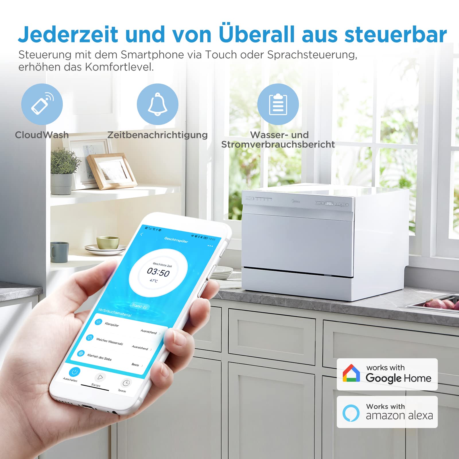 Midea ST 3.6F wi aanrechtvaatwasser, 6 wasprogramma's, startuitstel, extra droogfunctie, IoT-bediening, minivaatwasser, ideaal voor kleine appartementen, wit 