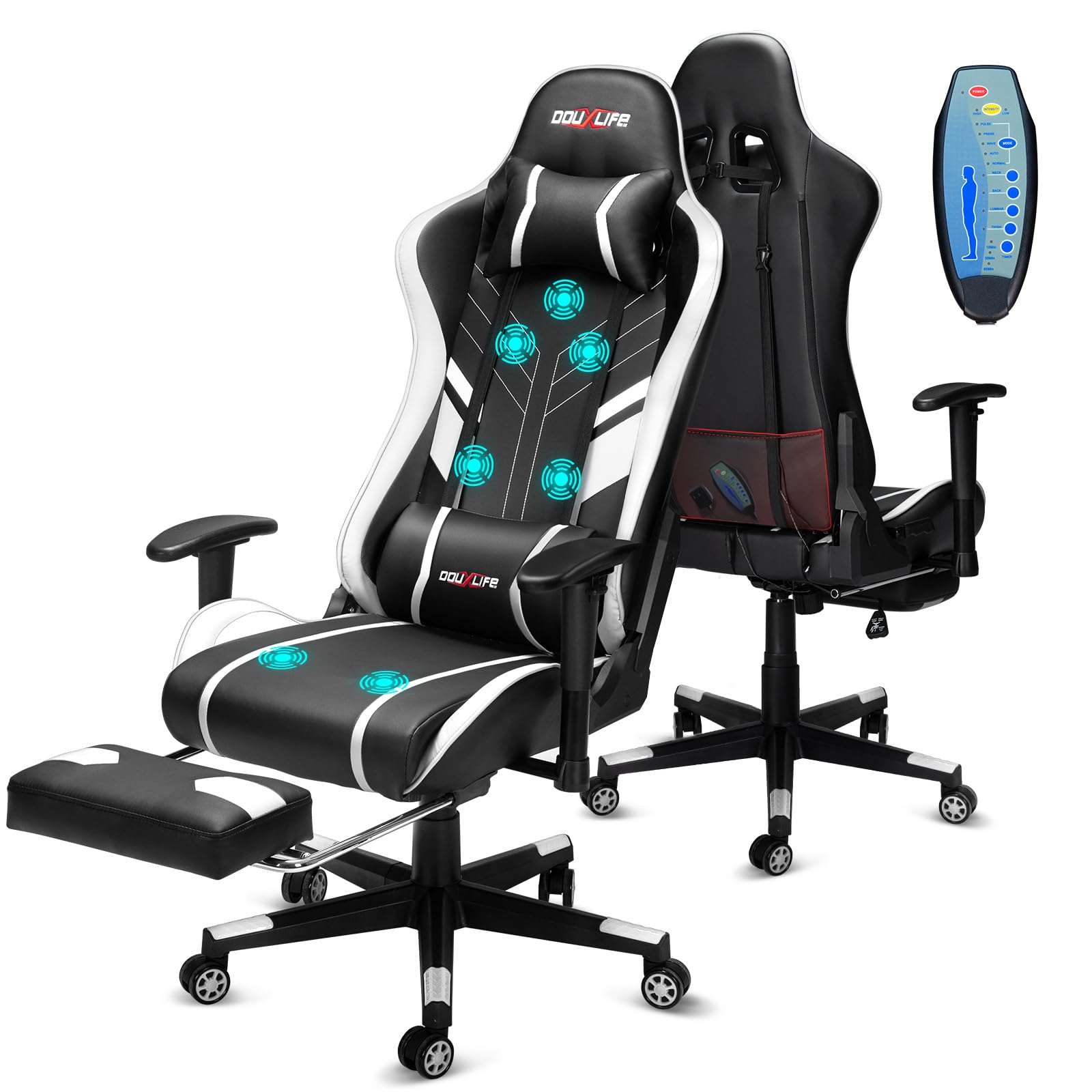 Douxlife Gaming Chair, met 7-punts massage, voetensteun, ergonomische bureaustoel (180 kg), rugleuning verstelbaar van 90-175°, verstelbare armleuningen, bureaustoel voor volwassenen, zwart-wit 
