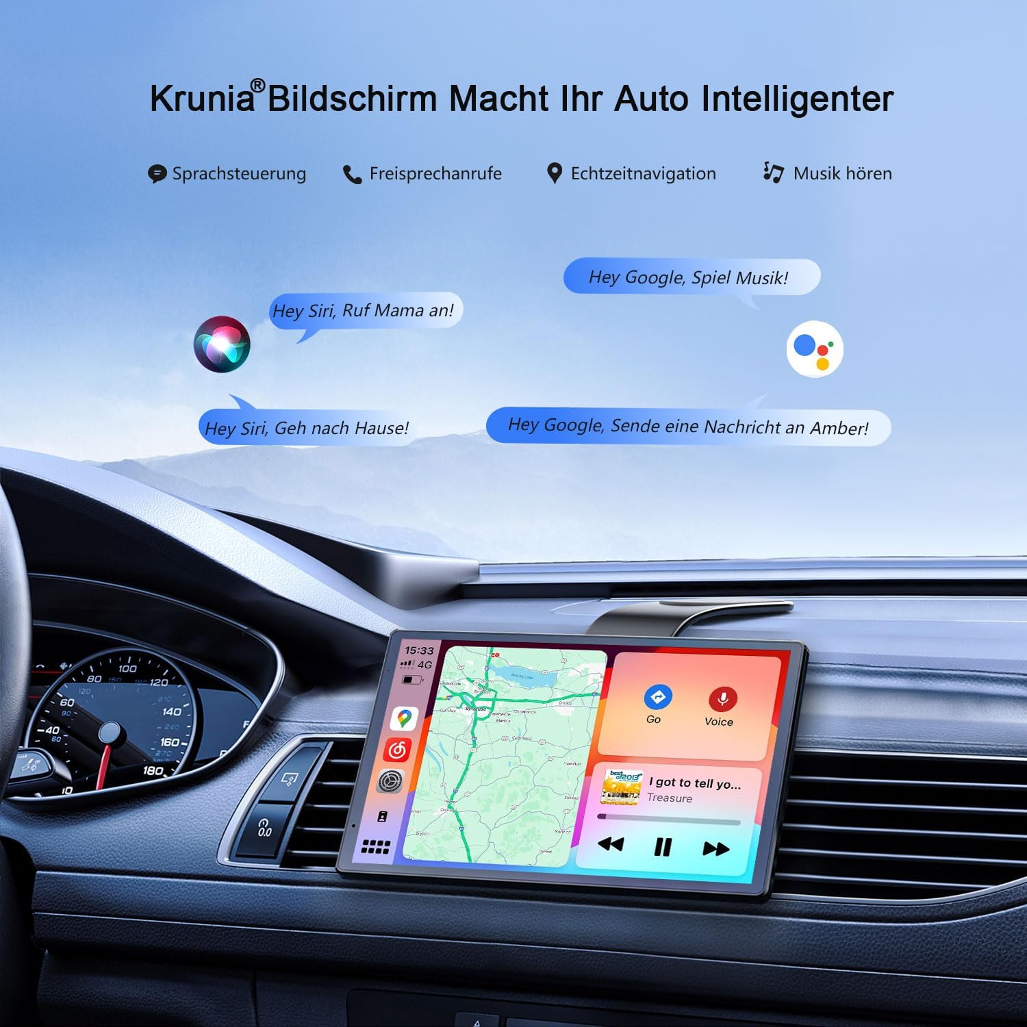 Krunia 8'' draagbaar CarPlay-scherm voor Apple CarPlay en Android Auto, 1440x900 HD-scherm, magnetische houder, OTA-updates, achteruitrijcamera, Bluetooth, spraakbediening, GPS-navigatie 
