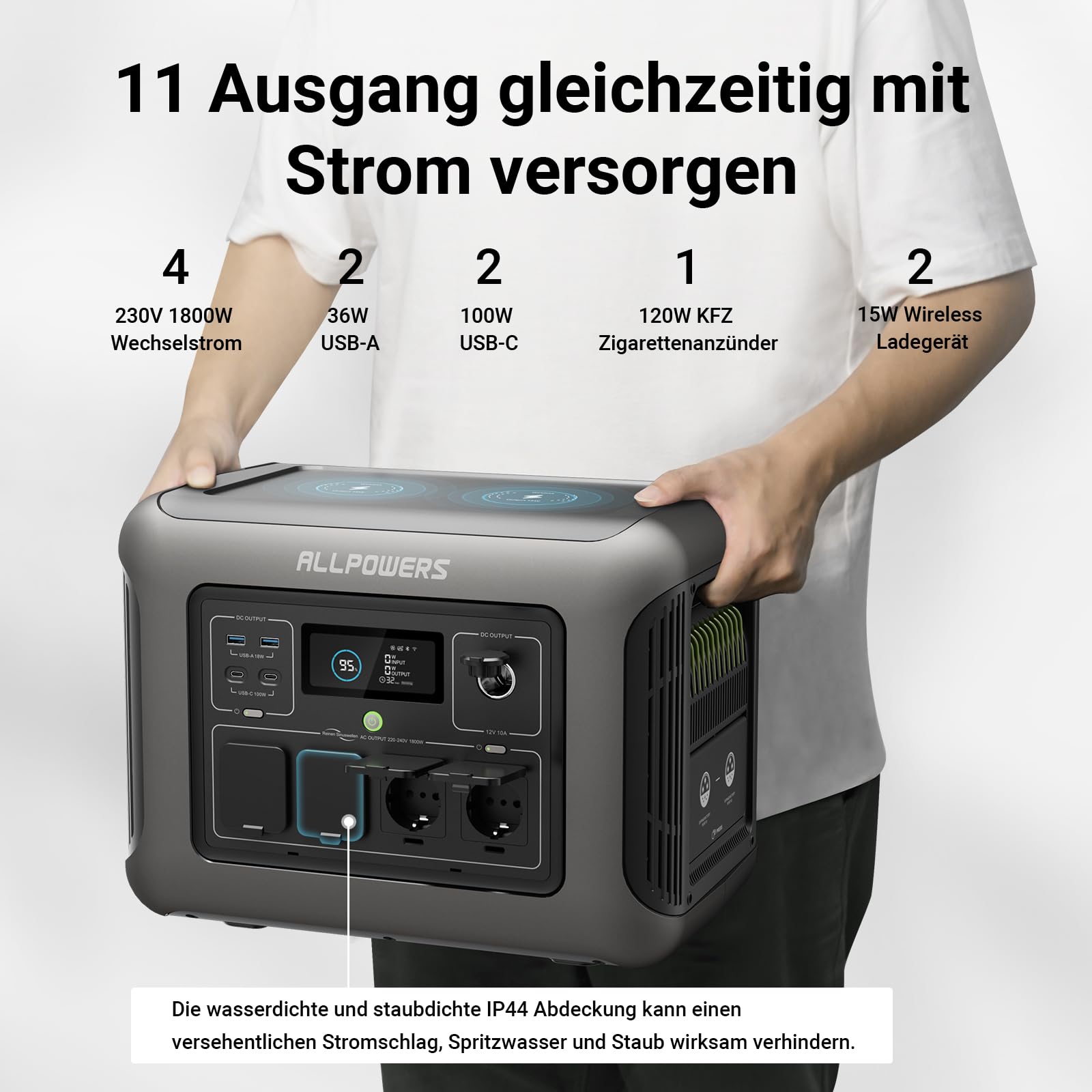 ALLPOWERS R1500 Draagbaar Energiestation met 200W Zonnepaneel, 1152Wh LiFePO4 Accu met 1800W AC Output Zonnegenerator, 43dB Stille Werking Mobiele Noodstroomvoorziening voor Tuin Reizen Kamperen Camper 