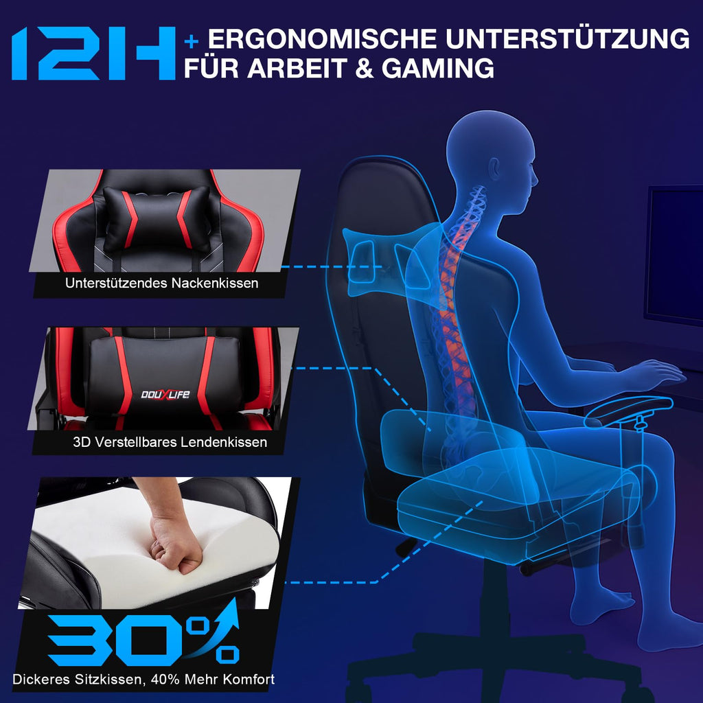 Douxlife Gaming Chair, met 7-punts massage, voetensteun, ergonomische bureaustoel (180 kg), rugleuning verstelbaar van 90-175°, verstelbare armleuningen, bureaustoel voor volwassenen, zwart-wit 