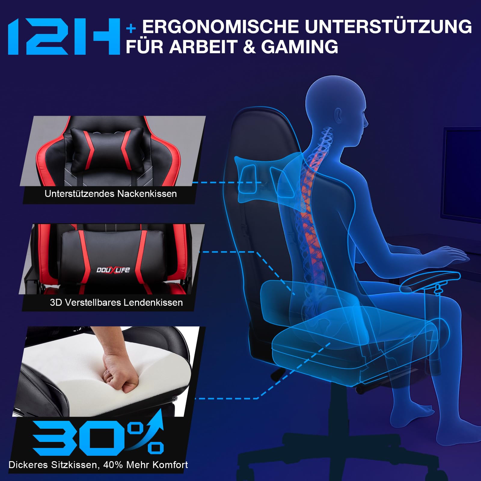 Douxlife Gaming Chair, met 7-punts massage, voetensteun, ergonomische bureaustoel (180 kg), rugleuning verstelbaar van 90-175°, verstelbare armleuningen, bureaustoel voor volwassenen, zwart-wit 