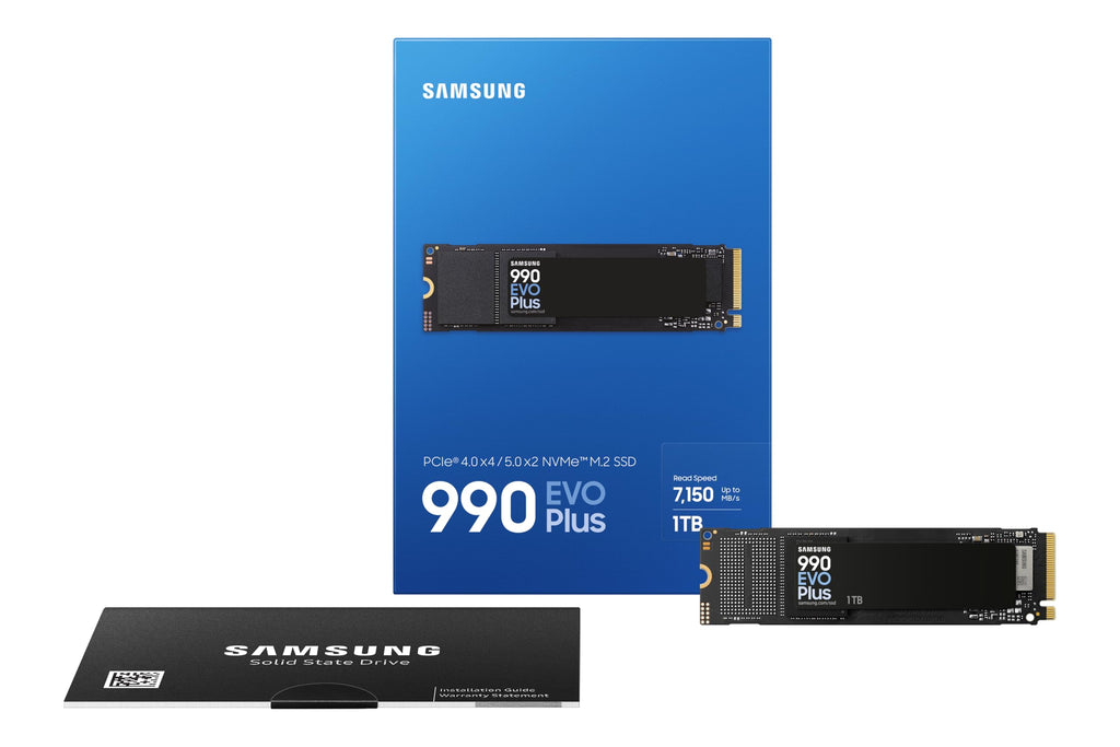 Samsung 990 EVO Plus NVMe M.2 SSD 1 TB, PCIe 4.0 x4 / PCIe 5.0 x2, NVMe 2.0 (2280), 7.150 MB/s lezen, 6.300 MB/s schrijven, interne SSD voor gamen en grafische bewerking, MZ-V9S1T0BW 