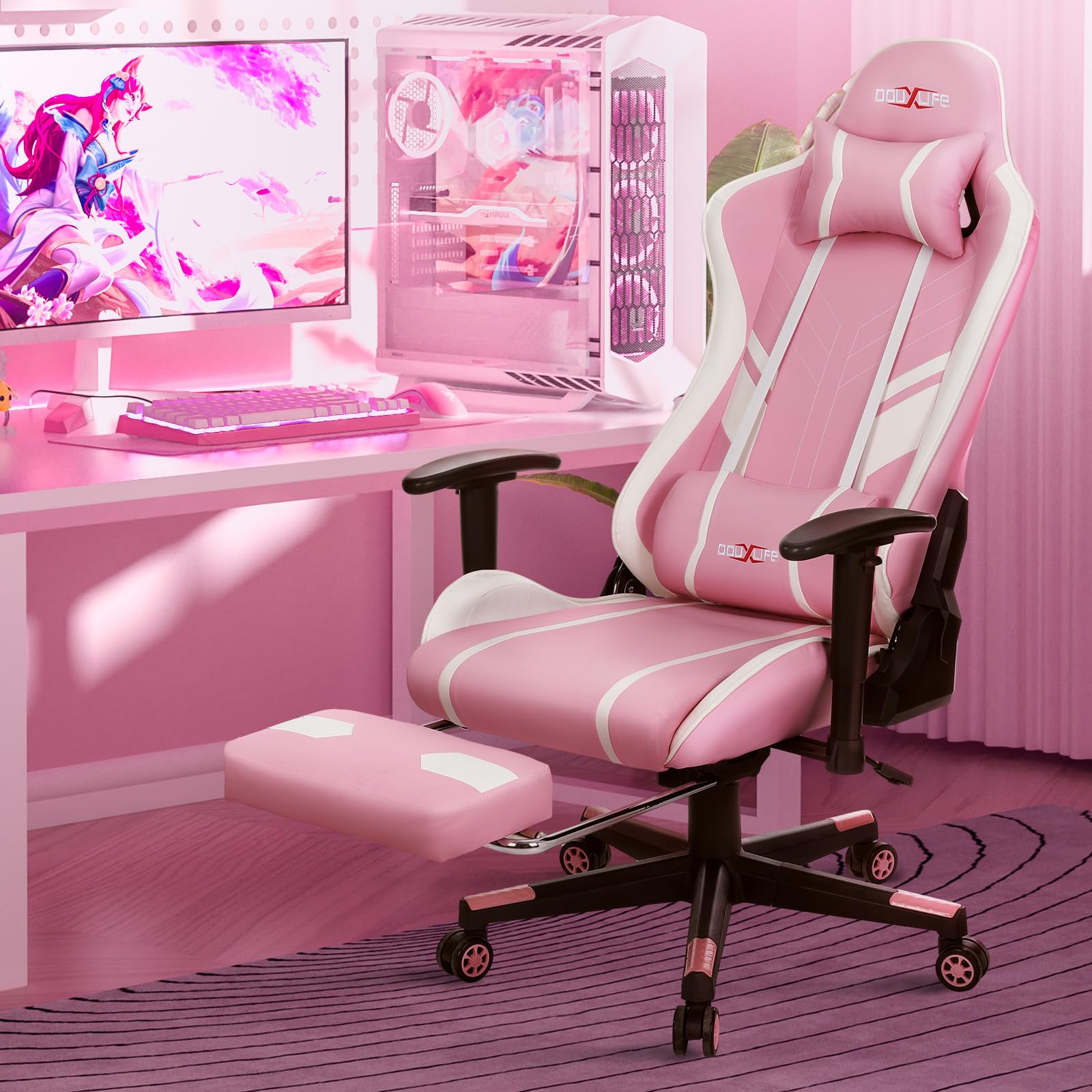 Douxlife Gaming Chair, met 7-punts massage, voetensteun, ergonomische bureaustoel (180 kg), rugleuning verstelbaar van 90-175°, verstelbare armleuningen, bureaustoel voor volwassenen, zwart-wit 