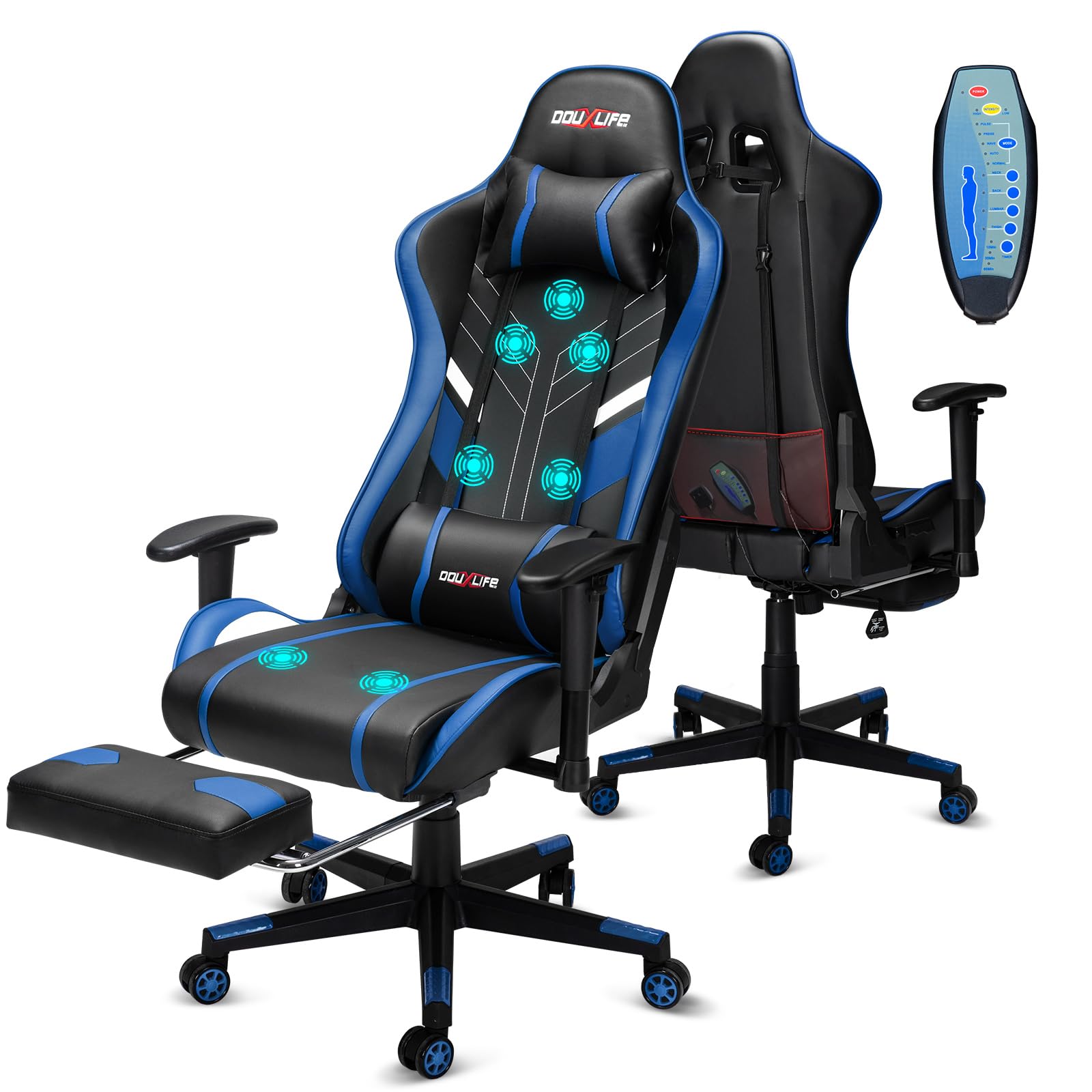 Douxlife Gaming Chair, met 7-punts massage, voetensteun, ergonomische bureaustoel (180 kg), rugleuning verstelbaar van 90-175°, verstelbare armleuningen, bureaustoel voor volwassenen, zwart-wit 