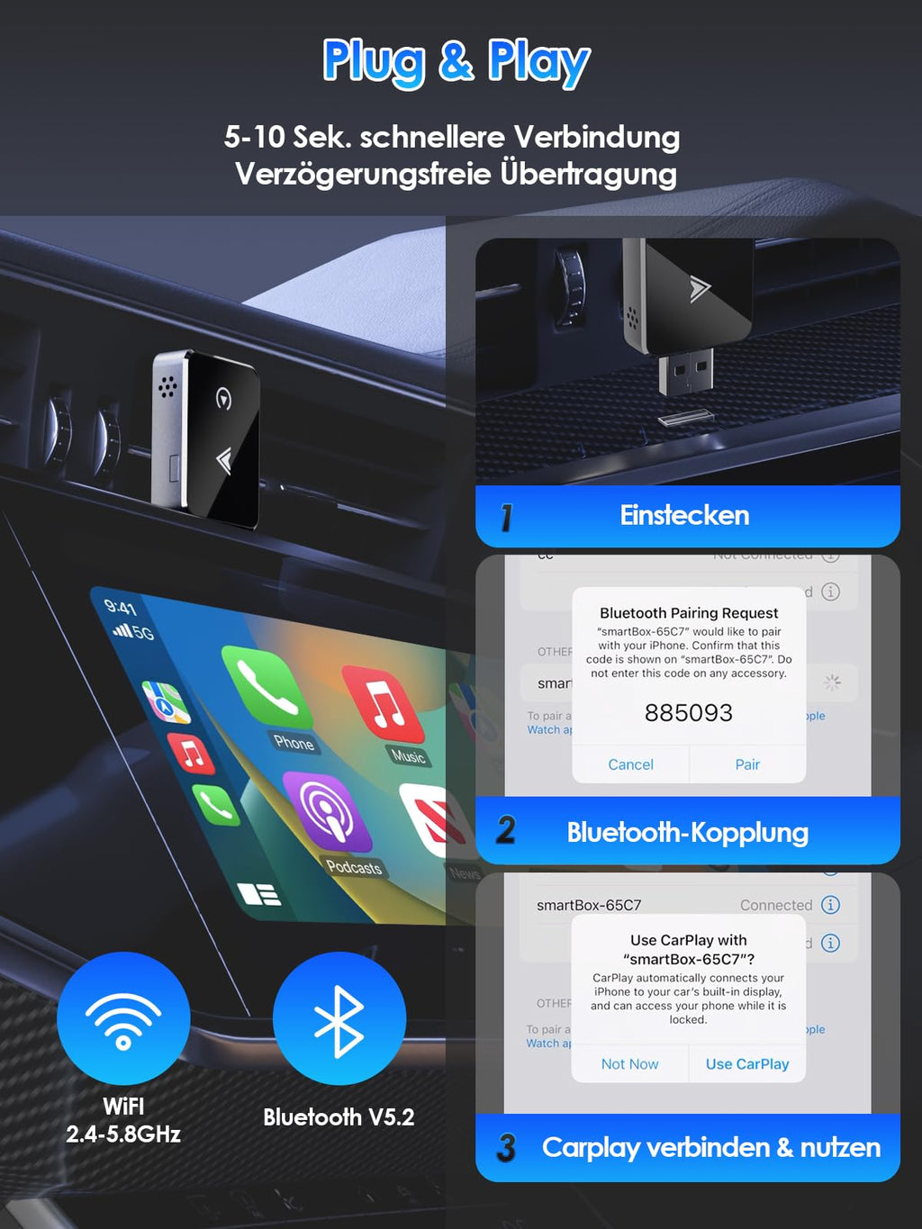 Draadloze adapter 2-in-1 voor CarPlay/Android Auto, PARPAT-conversie van bedraad naar draadloos met USB/Type-C, stabiele verbinding en geen vertraging, compatibel met iPhone/Android 