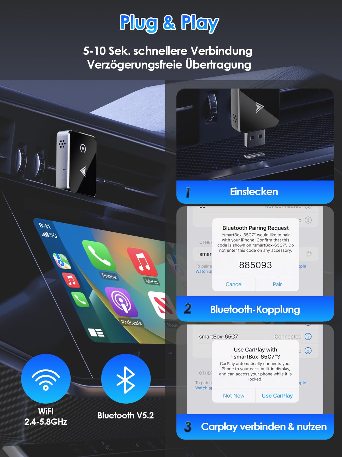 Draadloze adapter 2-in-1 voor CarPlay/Android Auto, PARPAT-conversie van bedraad naar draadloos met USB/Type-C, stabiele verbinding en geen vertraging, compatibel met iPhone/Android 