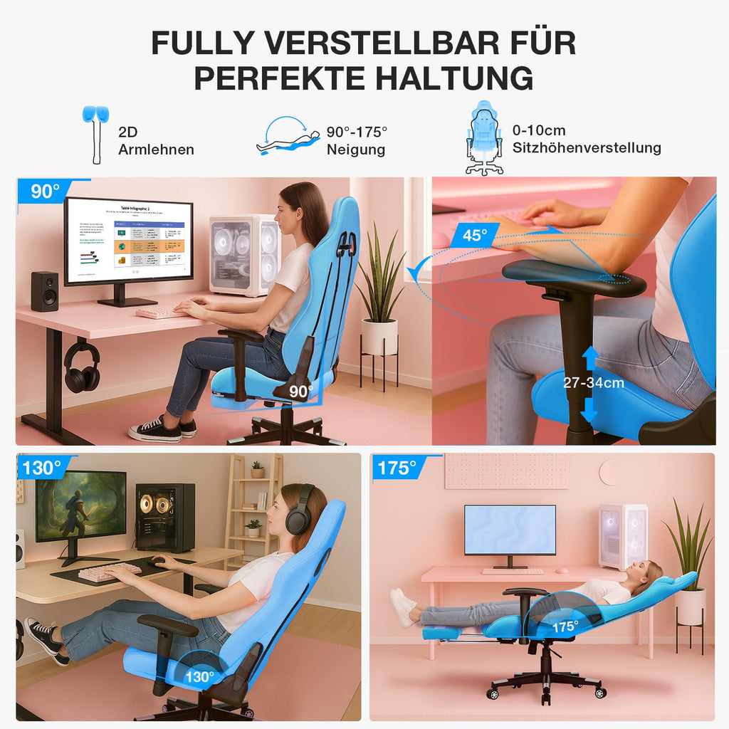 Douxlife Gaming Chair, met 7-punts massage, voetensteun, ergonomische bureaustoel (180 kg), rugleuning verstelbaar van 90-175°, verstelbare armleuningen, bureaustoel voor volwassenen, zwart-wit 