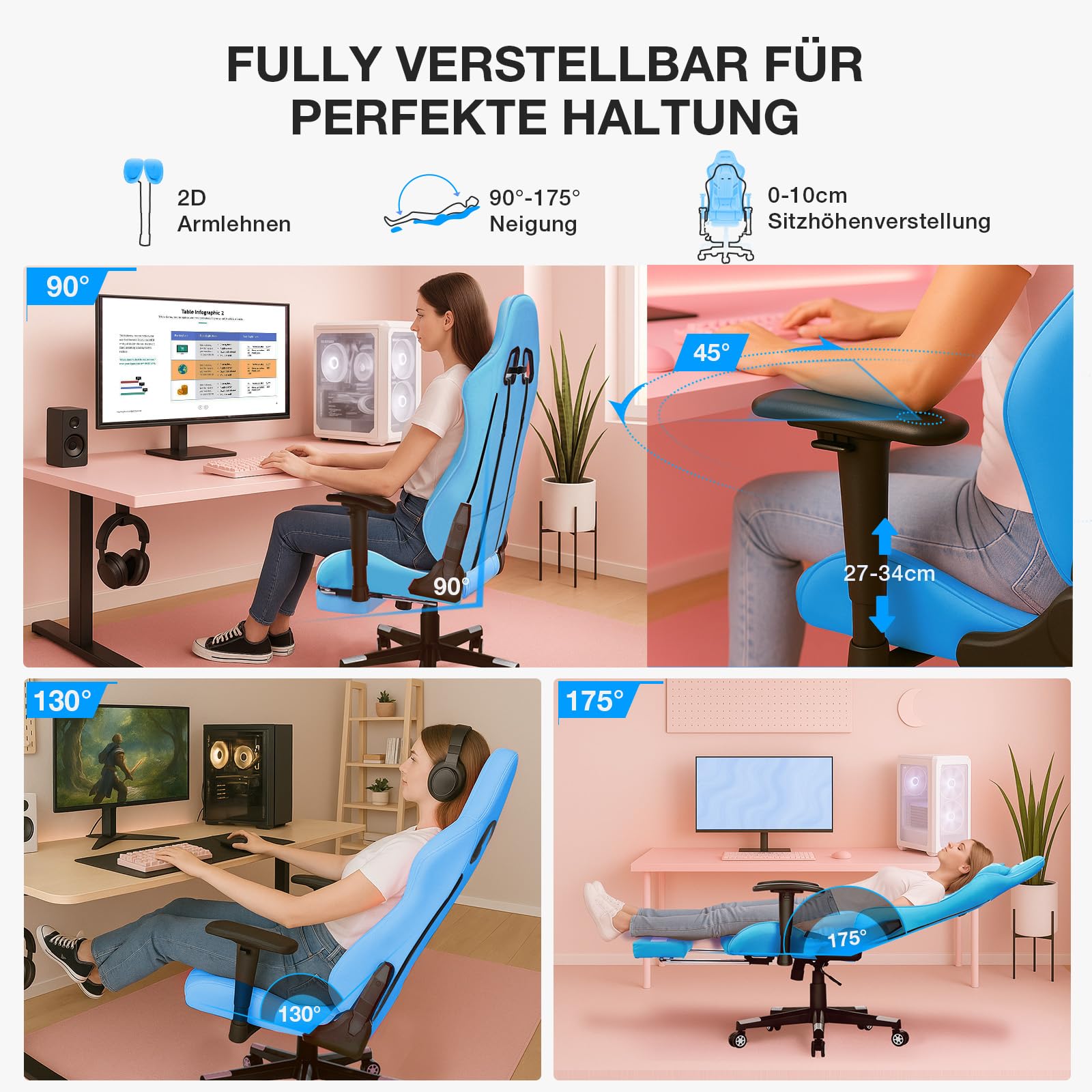 Douxlife Gaming Chair, met 7-punts massage, voetensteun, ergonomische bureaustoel (180 kg), rugleuning verstelbaar van 90-175°, verstelbare armleuningen, bureaustoel voor volwassenen, zwart-wit 