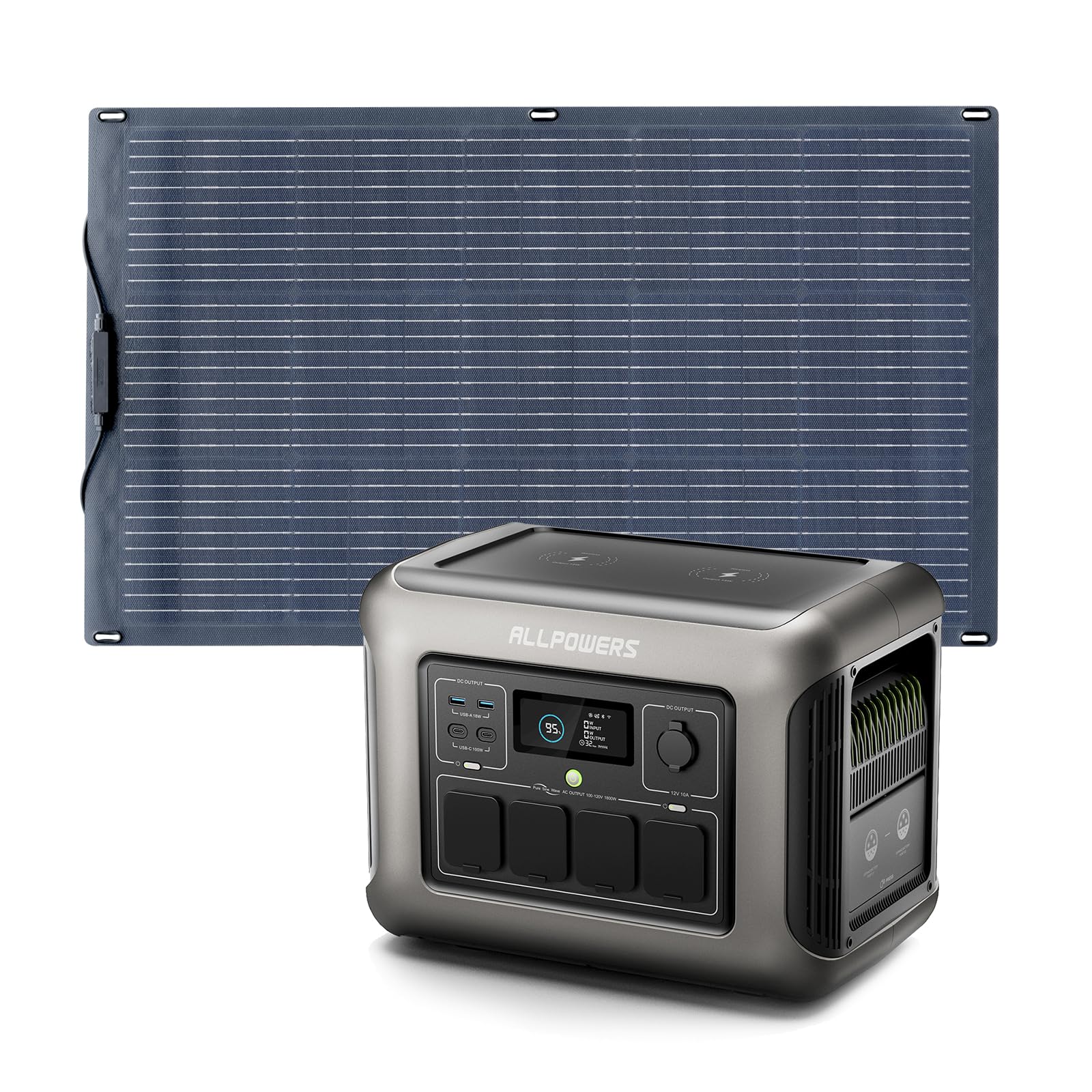 ALLPOWERS R1500 Draagbaar Energiestation met 200W Zonnepaneel, 1152Wh LiFePO4 Accu met 1800W AC Output Zonnegenerator, 43dB Stille Werking Mobiele Noodstroomvoorziening voor Tuin Reizen Kamperen Camper 