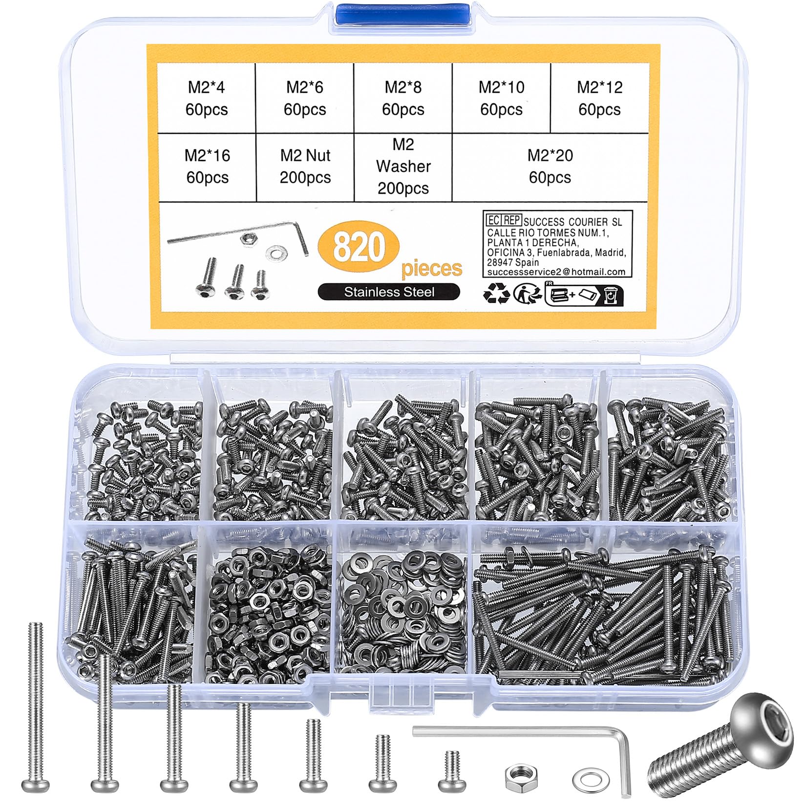 410 stuks M2 verzonken kop zeskantschroeven, 10.9 koolstofstaal volledige draad machineschroeven, moeren en ringen assortiment met inbussleutels 