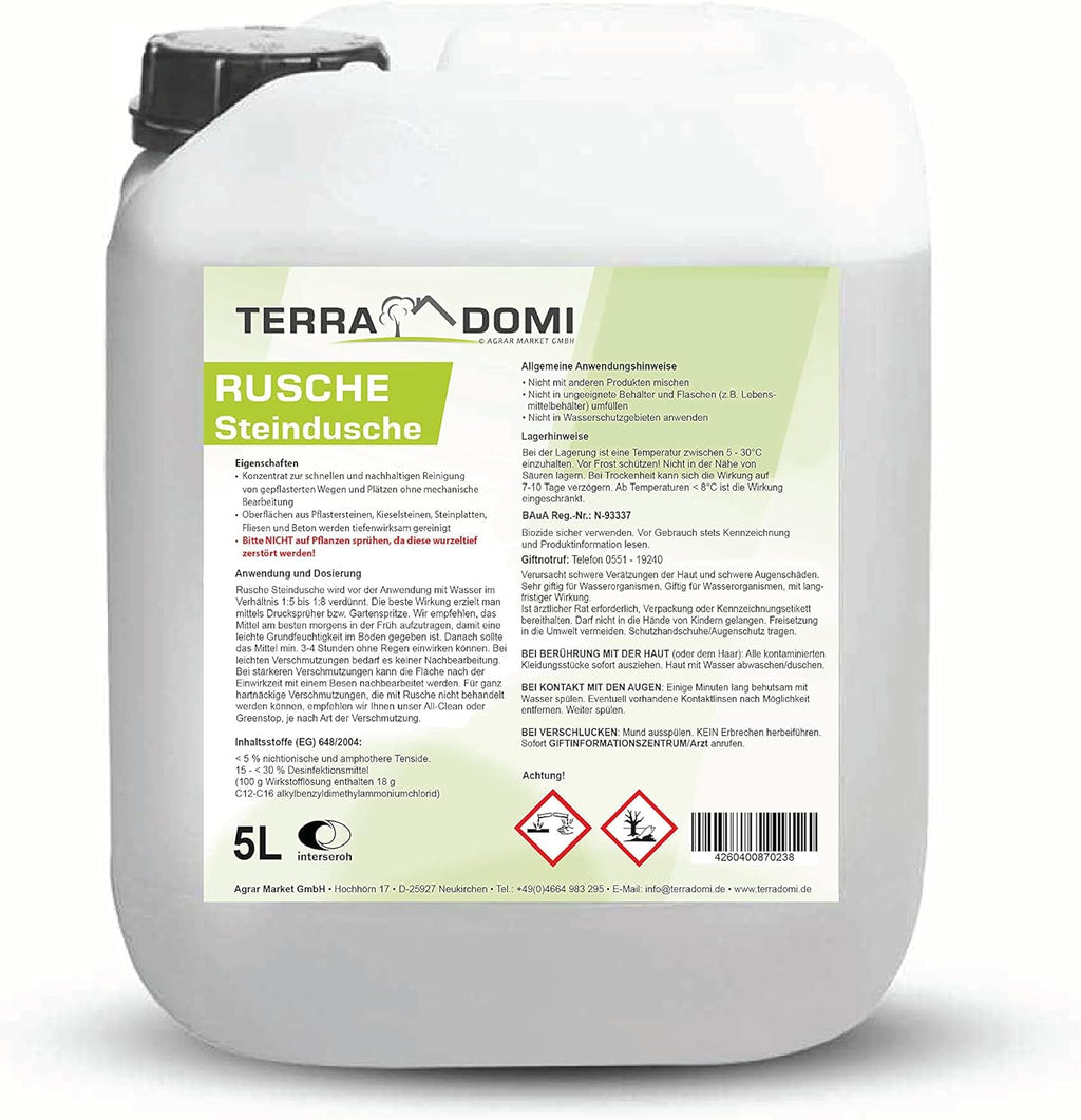 Terra Domi Rusche Steendouche, 5 L Concentraat, Steenreiniger voor tot 2000 m², Reinigingsmiddel voor Schone Paden &amp; Pleinen, Padreiniger, Biologisch Afbreekbaar 