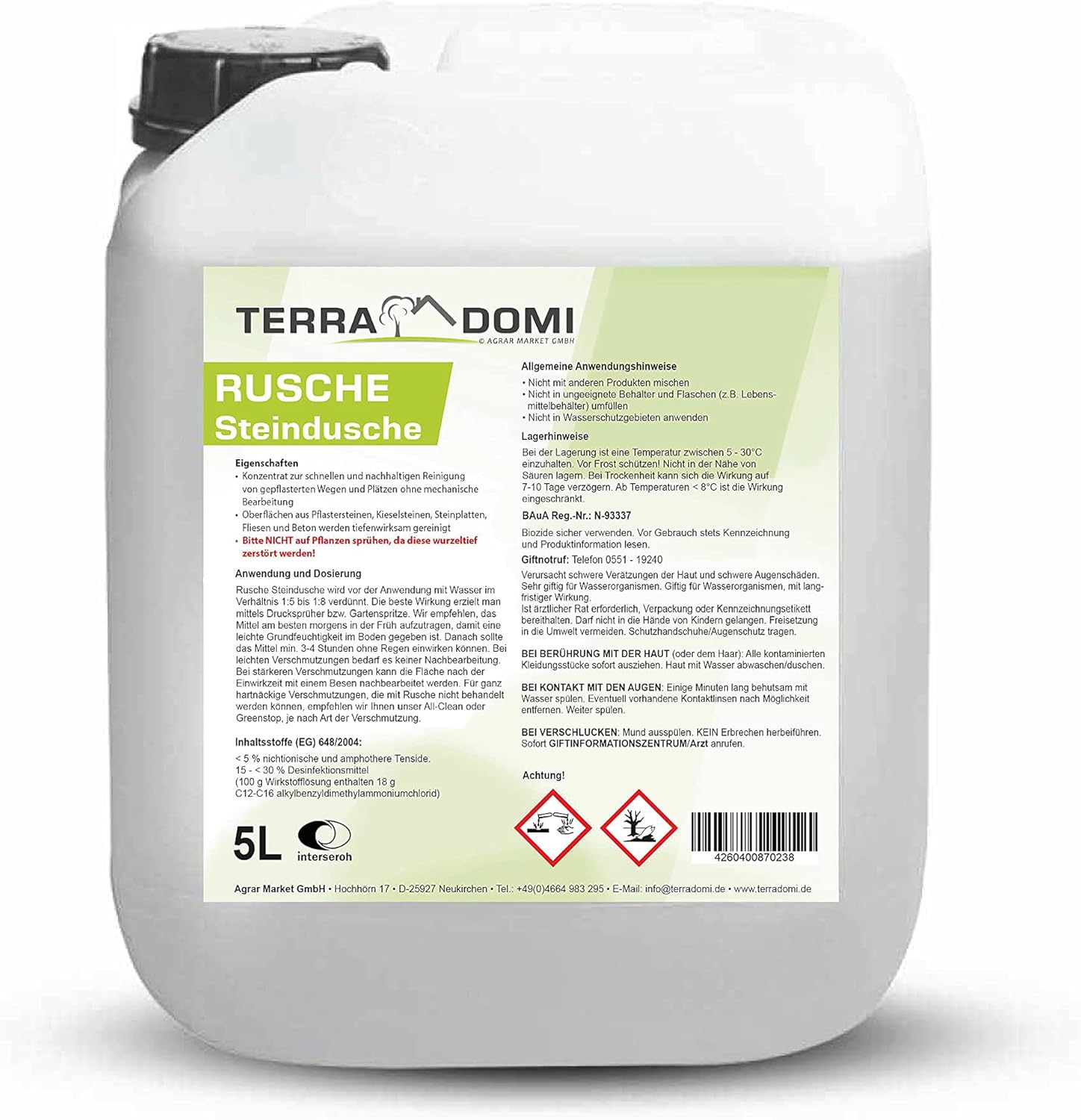 Terra Domi Rusche Steendouche, 5 L Concentraat, Steenreiniger voor tot 2000 m², Reinigingsmiddel voor Schone Paden &amp; Pleinen, Padreiniger, Biologisch Afbreekbaar 