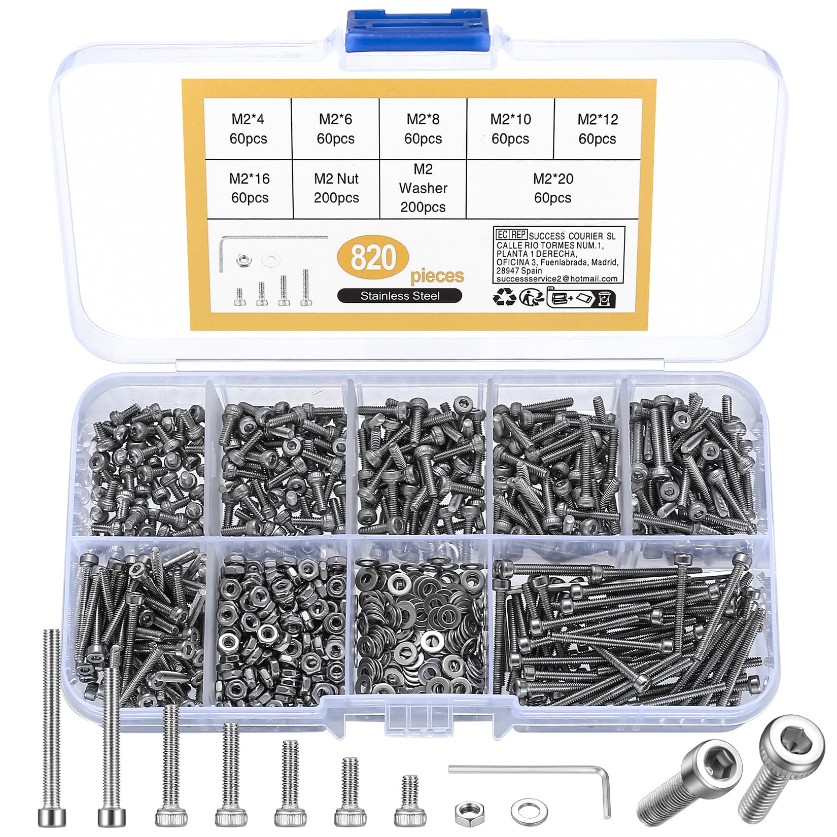 410 stuks M2 verzonken kop zeskantschroeven, 10.9 koolstofstaal volledige draad machineschroeven, moeren en ringen assortiment met inbussleutels 