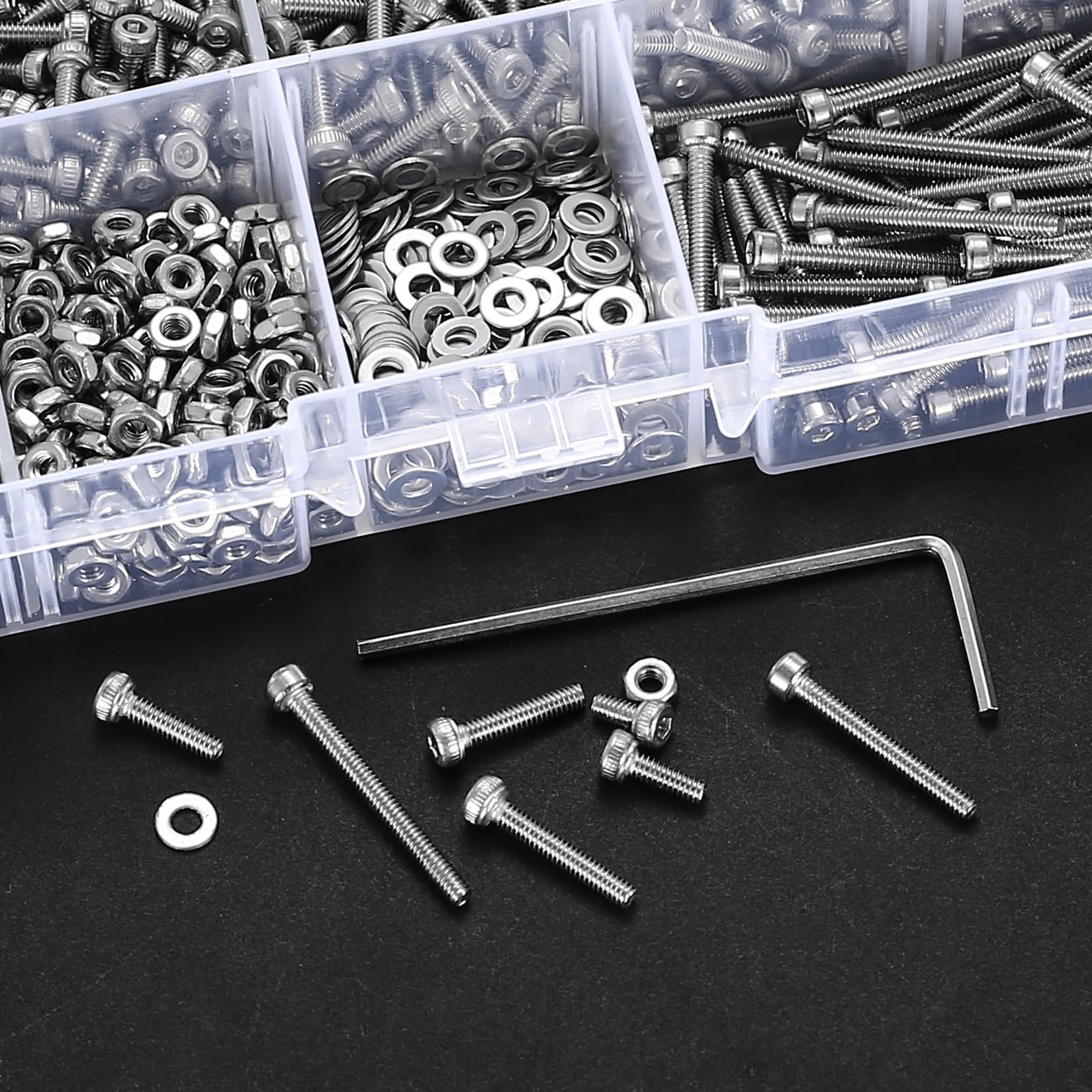 410 stuks M2 verzonken kop zeskantschroeven, 10.9 koolstofstaal volledige draad machineschroeven, moeren en ringen assortiment met inbussleutels 