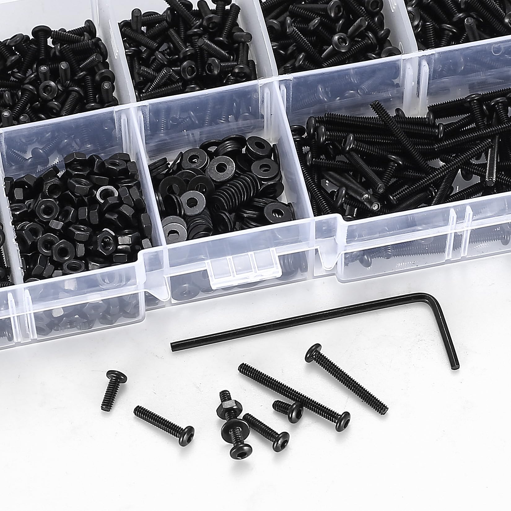 410 stuks M2 verzonken kop zeskantschroeven, 10.9 koolstofstaal volledige draad machineschroeven, moeren en ringen assortiment met inbussleutels 