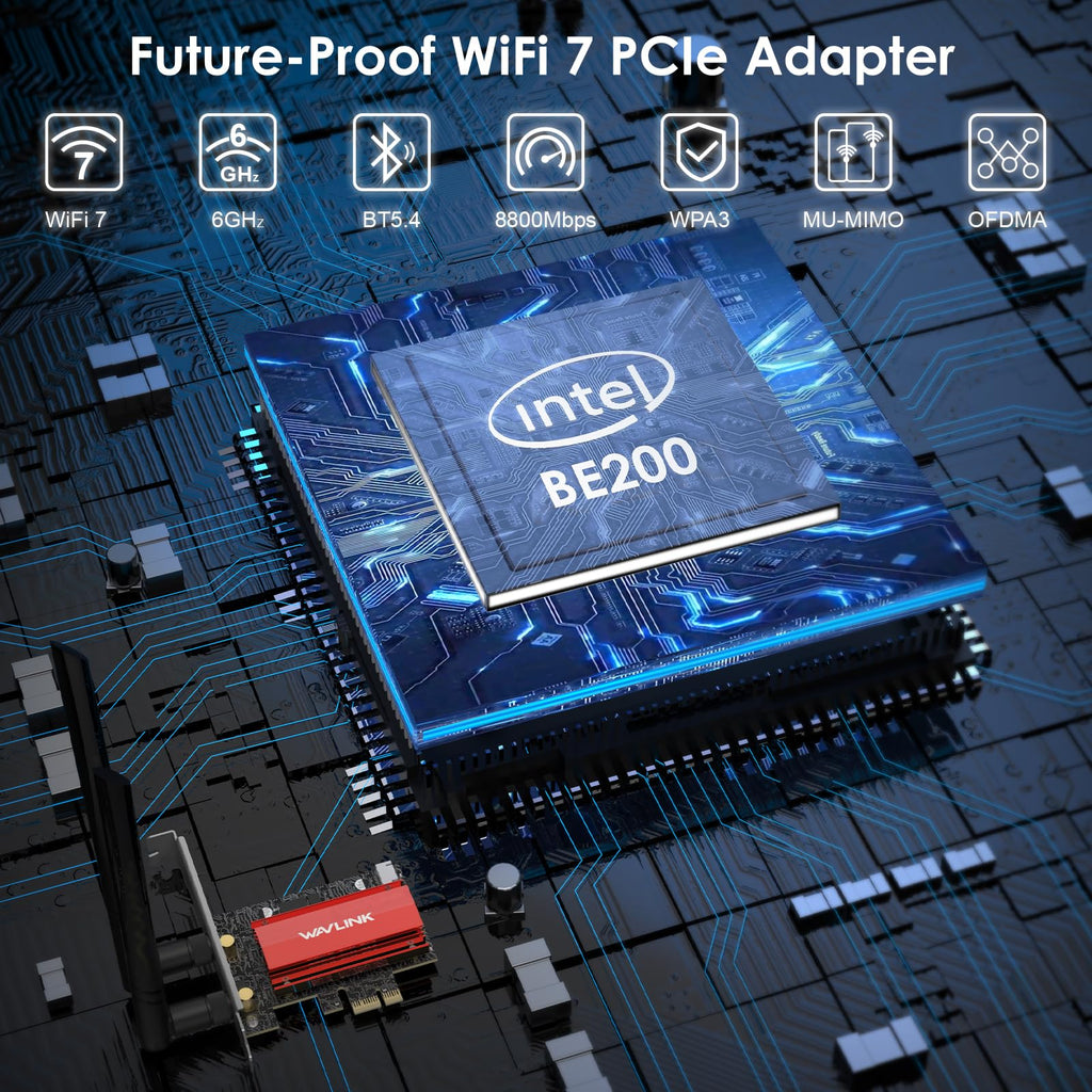WAVLINK WiFi 7 PCIe-kaart BE8800 voor desktop-pc, tri-band BE200 draadloze adapter met Bluetooth 5.4, MU-MIMO, WPA3, voor Windows 10/11 (64-bits), ondersteunt geen AMD-moederborden 