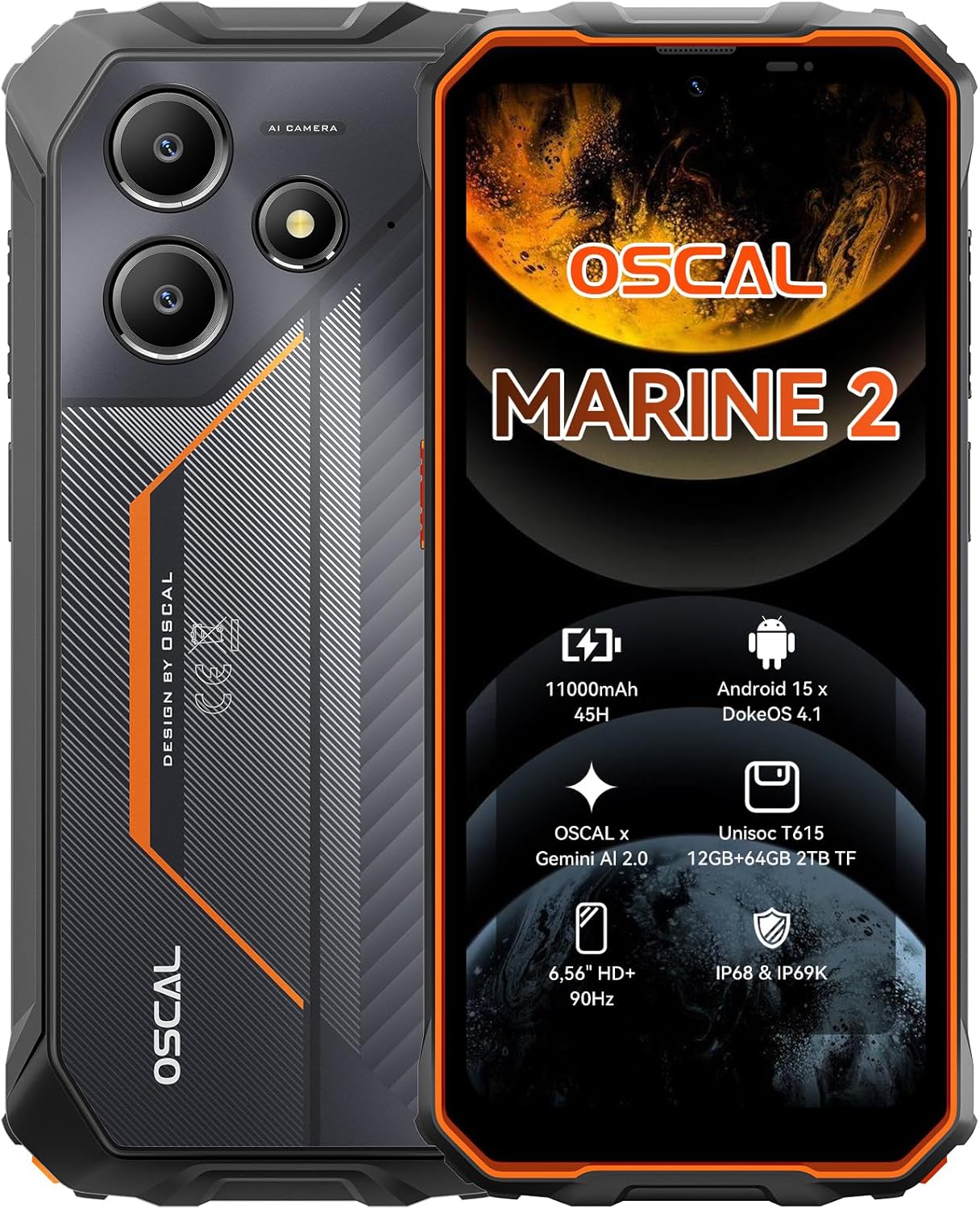 OSCAL Marine 2 Outdoor mobiele telefoon zonder contract 2025, 11000 mAh 12 GB + 64 GB / 2 TB, Android 15 outdoor smartphone, 6,56" HD + 90 Hz, 16 MP + 8 MP AI-camera, mobiele telefoon voor op de bouwplaats, IP69K waterdicht, dual sim 4G / NFC / OTG / GPS 