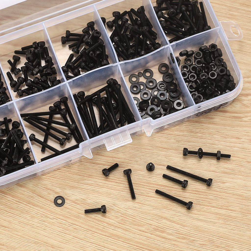 410 stuks M2 verzonken kop zeskantschroeven, 10.9 koolstofstaal volledige draad machineschroeven, moeren en ringen assortiment met inbussleutels 