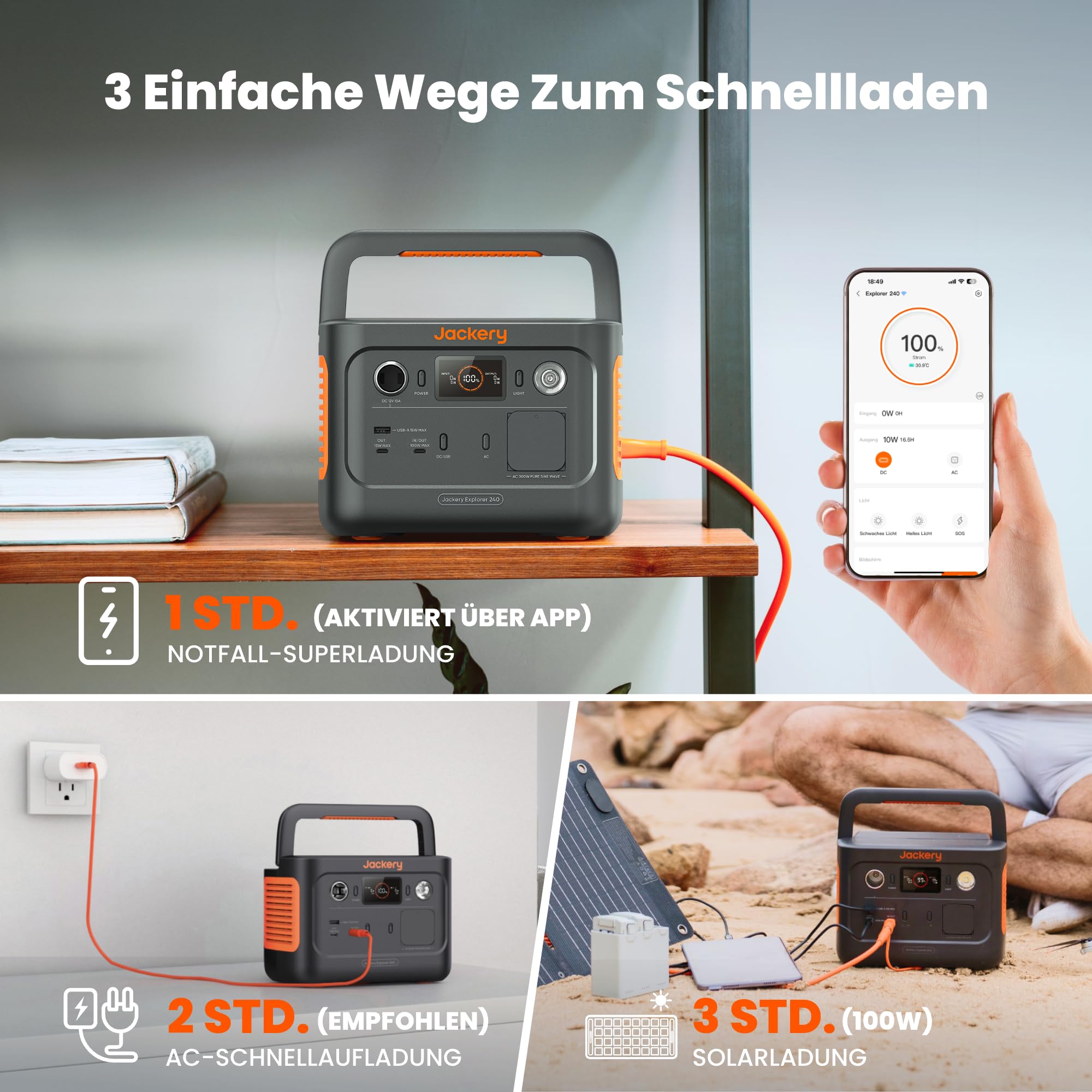 Jackery 240 v2 zonnegenerator met 40W zonnepaneel, 256Wh LiFePO4-accu, 300W AC en 100W USB-C-uitgang voor buiten, kamperen en noodgevallen (nieuw in 2024) 