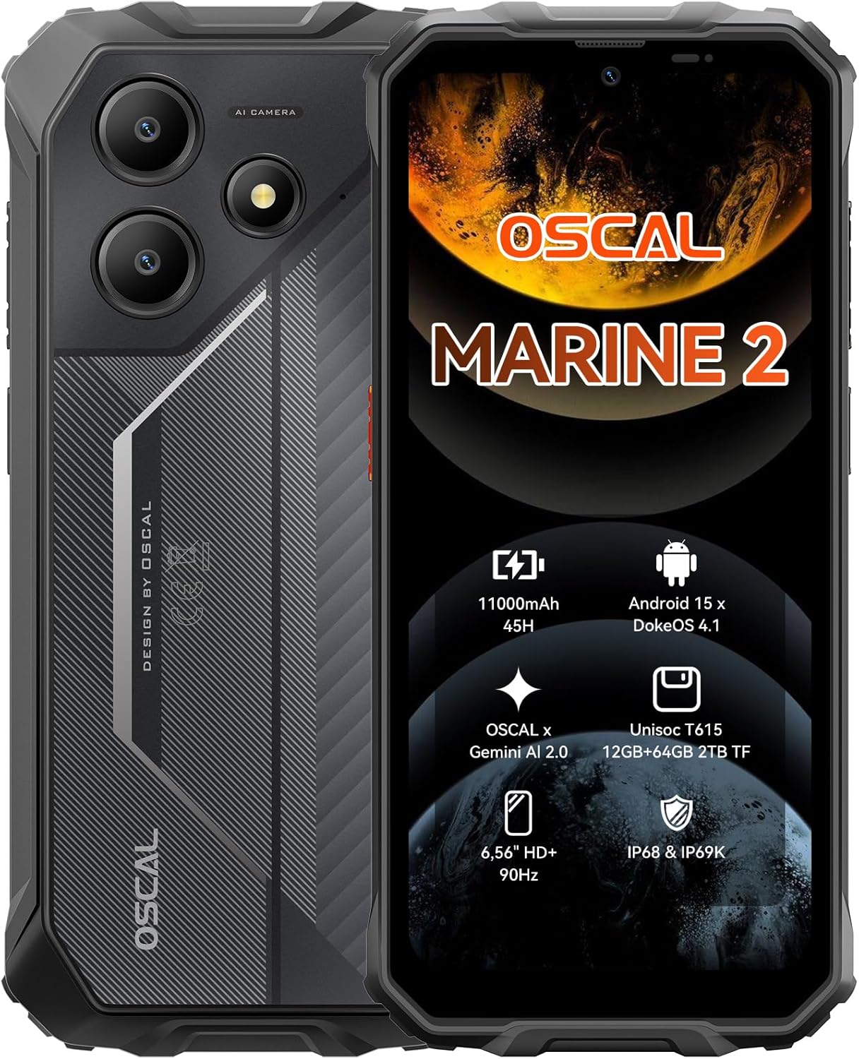 OSCAL Marine 2 Outdoor mobiele telefoon zonder contract 2025, 11000 mAh 12 GB + 64 GB / 2 TB, Android 15 outdoor smartphone, 6,56" HD + 90 Hz, 16 MP + 8 MP AI-camera, mobiele telefoon voor op de bouwplaats, IP69K waterdicht, dual sim 4G / NFC / OTG / GPS 