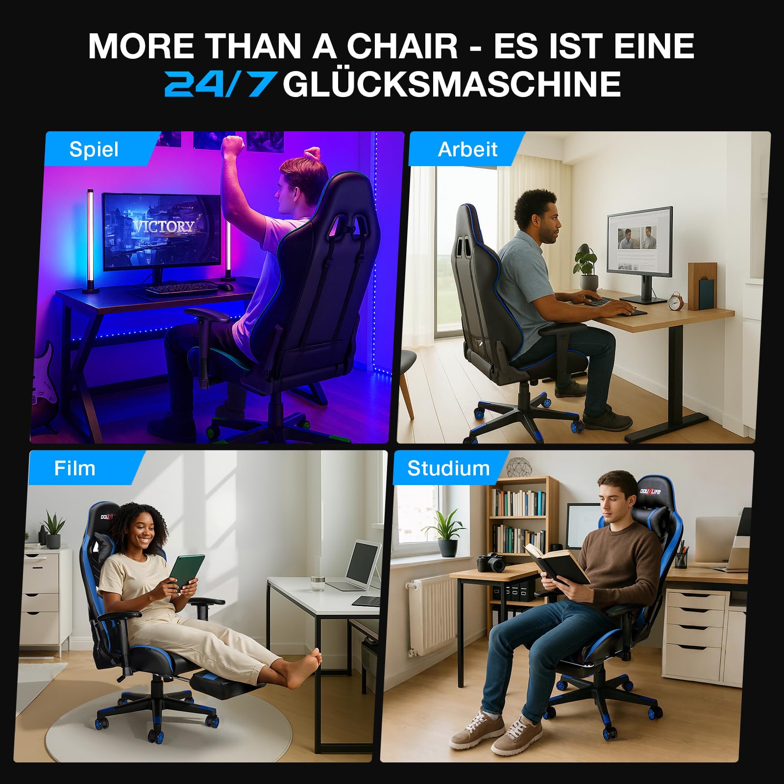 Douxlife Gaming Chair, met 7-punts massage, voetensteun, ergonomische bureaustoel (180 kg), rugleuning verstelbaar van 90-175°, verstelbare armleuningen, bureaustoel voor volwassenen, zwart-wit 