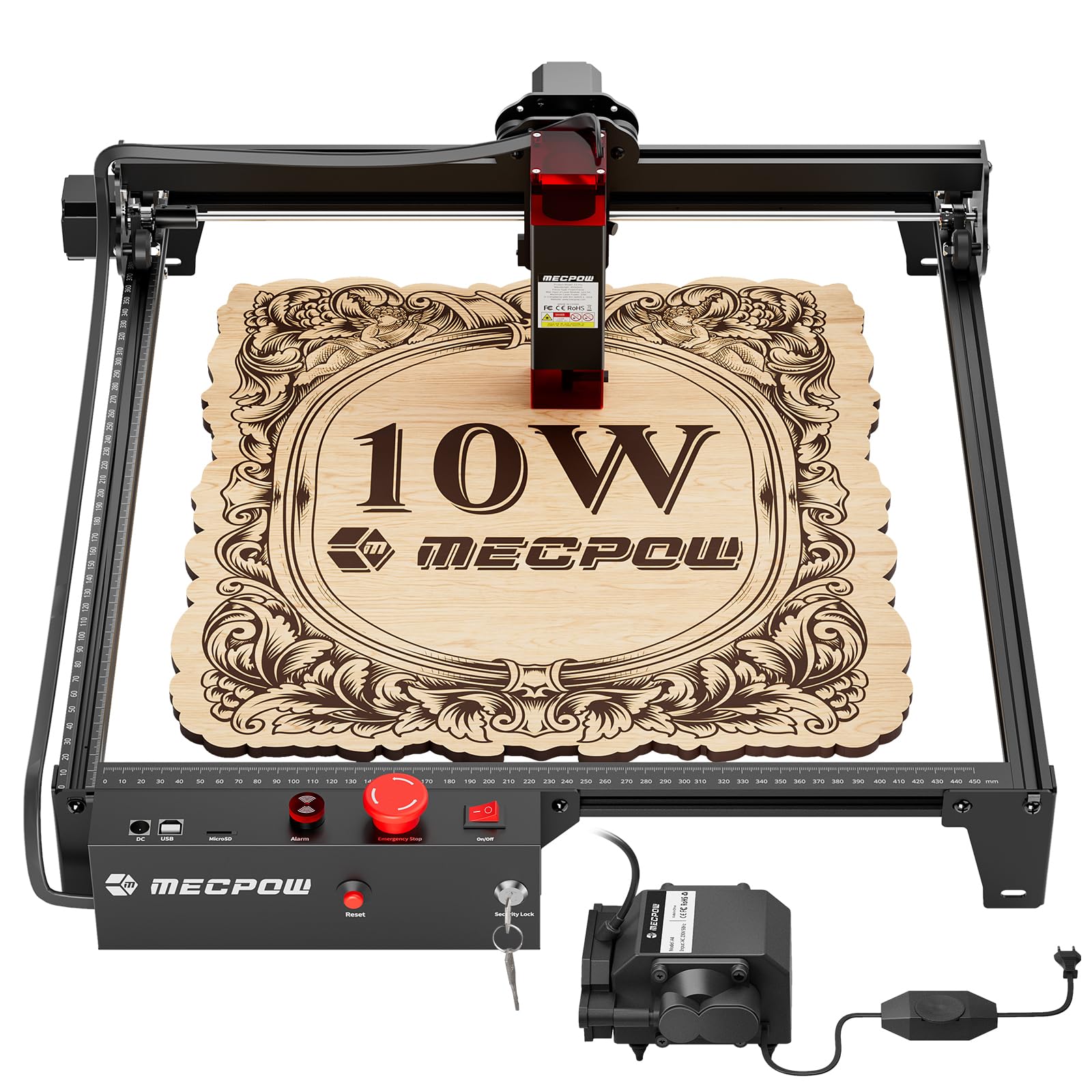 Mecpow X3 Pro lasergraveermachine met luchtondersteuning, 10W graveermachine en lasersnijder voor hout en metaal, 60W CNC-freesmachine met noodstop, vlam- en gyrodetectie, oppervlak 410 x 400 mm 