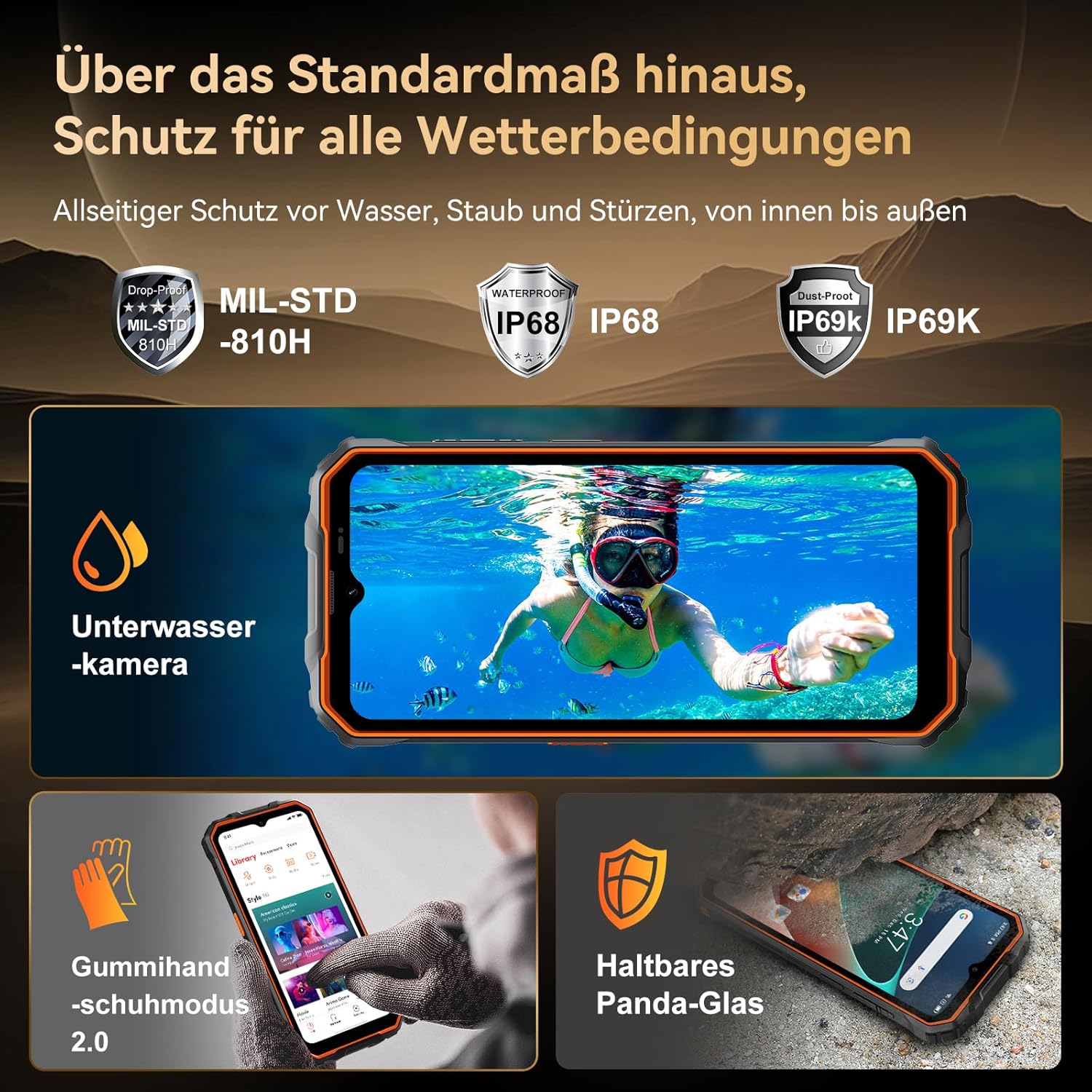 OSCAL Marine 2 Outdoor mobiele telefoon zonder contract 2025, 11000 mAh 12 GB + 64 GB / 2 TB, Android 15 outdoor smartphone, 6,56" HD + 90 Hz, 16 MP + 8 MP AI-camera, mobiele telefoon voor op de bouwplaats, IP69K waterdicht, dual sim 4G / NFC / OTG / GPS 
