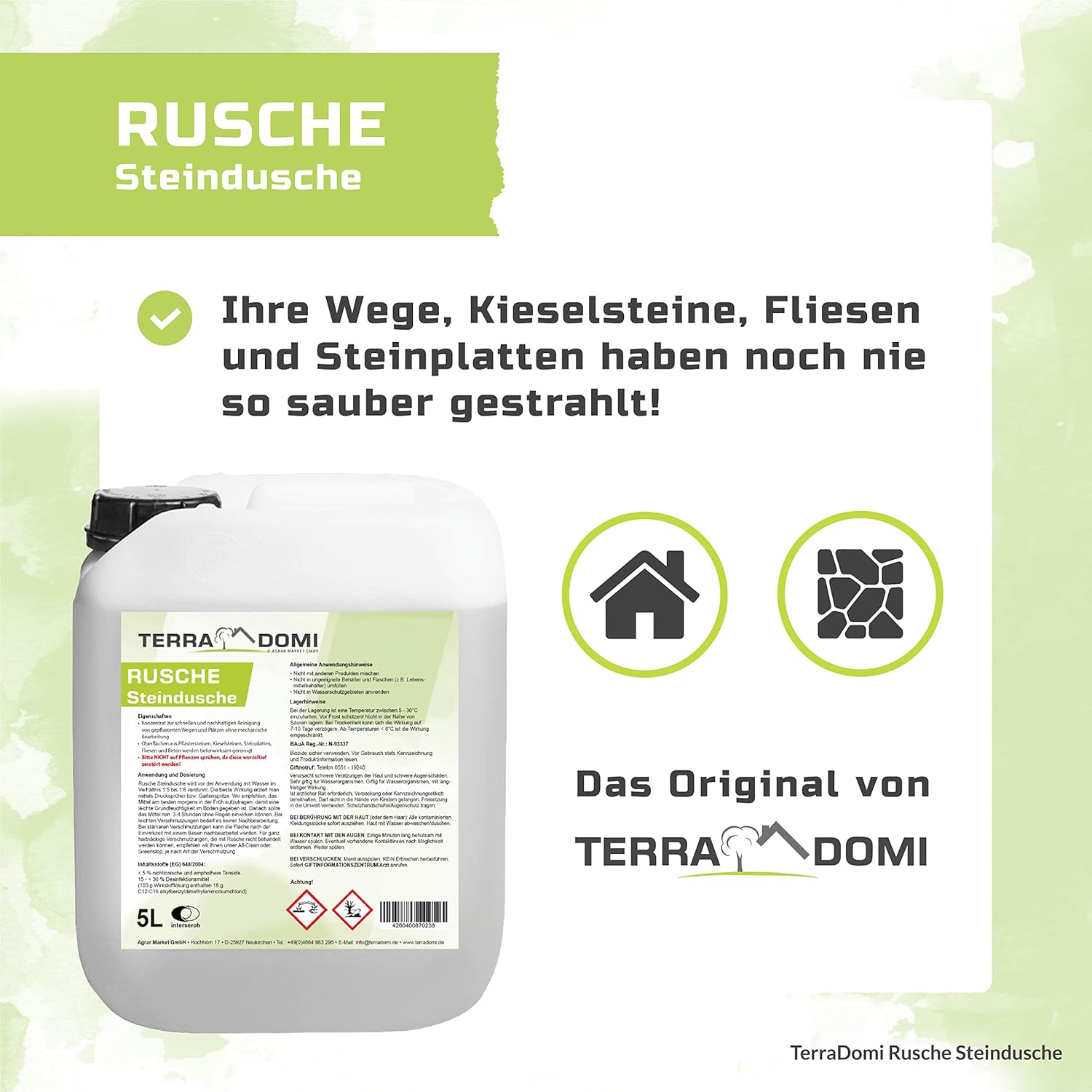 Terra Domi Rusche Steendouche, 5 L Concentraat, Steenreiniger voor tot 2000 m², Reinigingsmiddel voor Schone Paden &amp; Pleinen, Padreiniger, Biologisch Afbreekbaar 