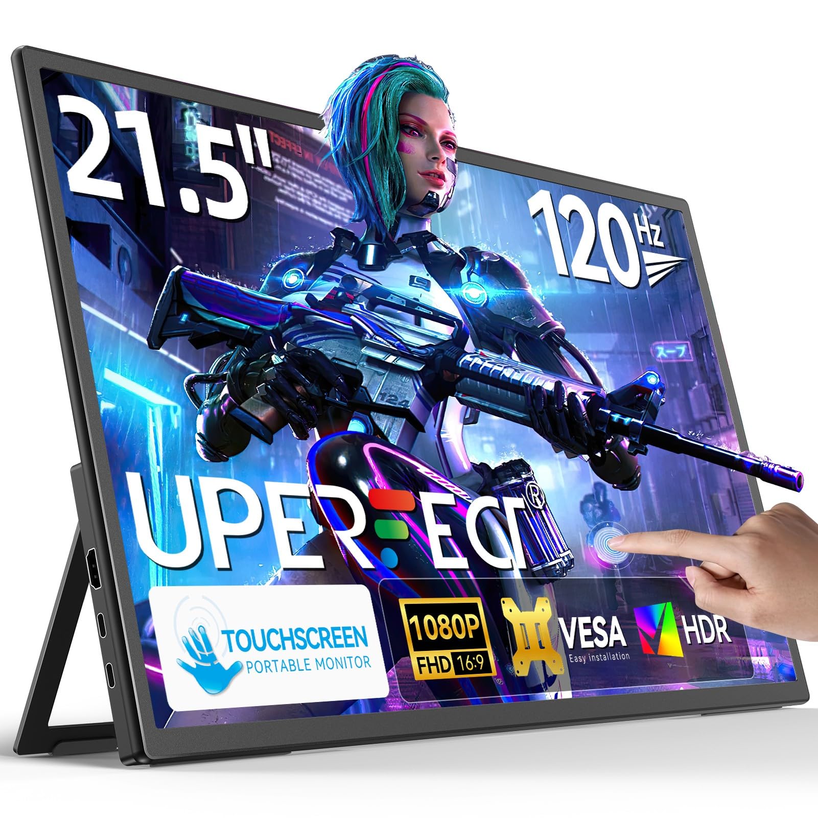 UPERFECT Draagbare Monitor Touchscreen 21,5 inch 120Hz Draagbare Monitor Touchscreen 1300:1 1080P Scherm Geïntegreerde Montage HDMI USB C voor PC Laptop Game Console, Metalen Behuizing VESA Compatibel 