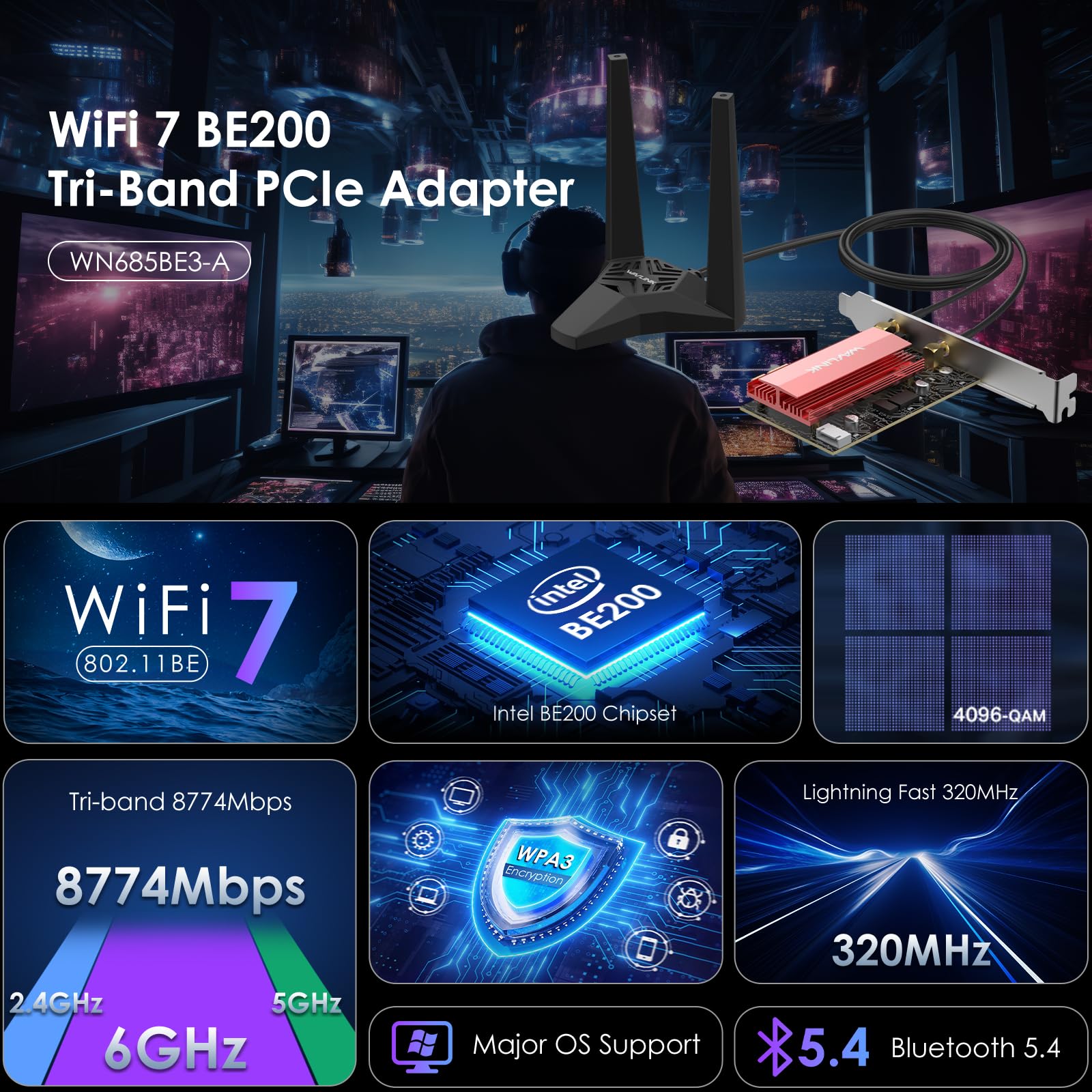 WAVLINK WiFi 7 PCIe-kaart BE8800 voor desktop-pc, tri-band BE200 draadloze adapter met Bluetooth 5.4, MU-MIMO, WPA3, voor Windows 10/11 (64-bits), ondersteunt geen AMD-moederborden 