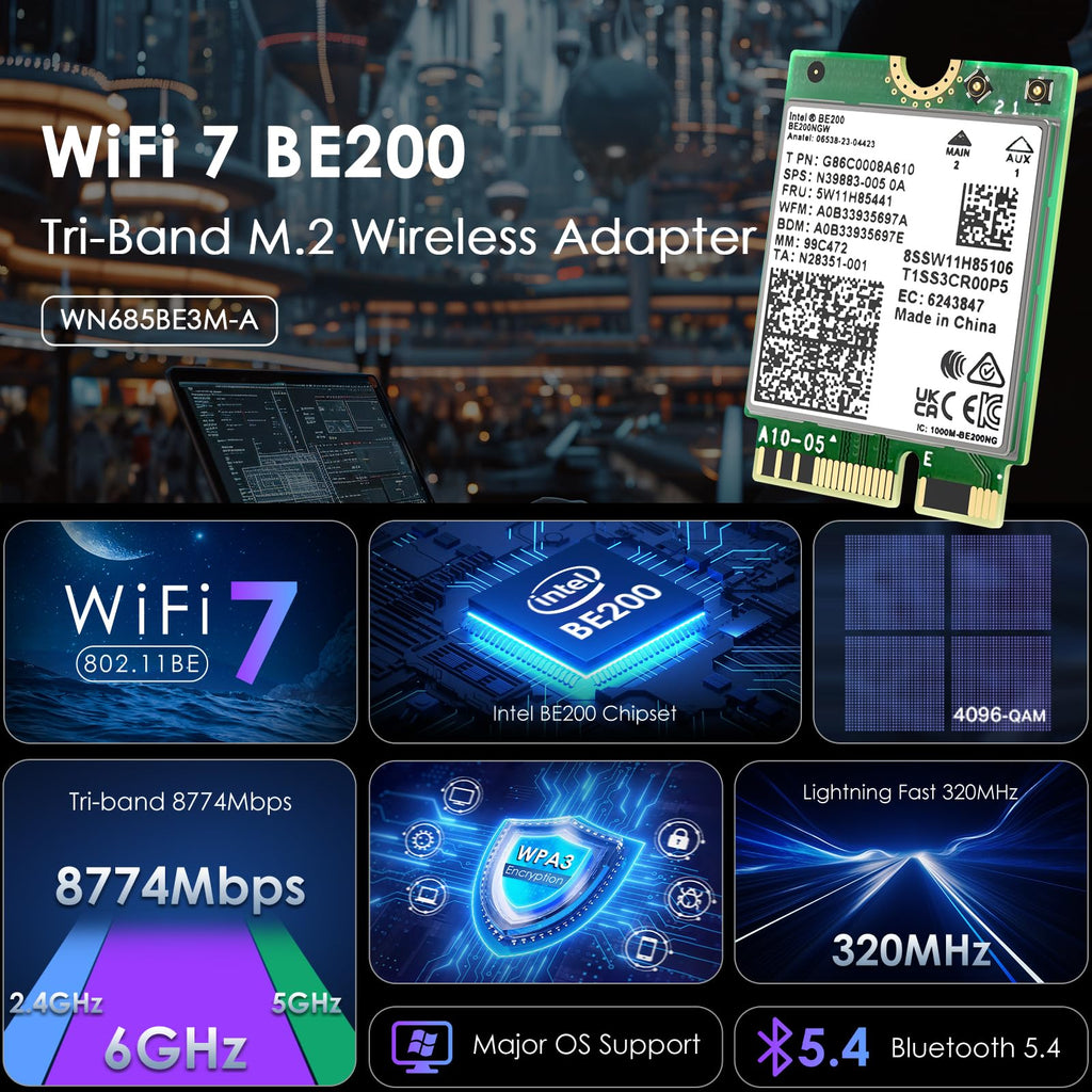 WAVLINK WiFi 7 PCIe-kaart BE8800 voor desktop-pc, tri-band BE200 draadloze adapter met Bluetooth 5.4, MU-MIMO, WPA3, voor Windows 10/11 (64-bits), ondersteunt geen AMD-moederborden 
