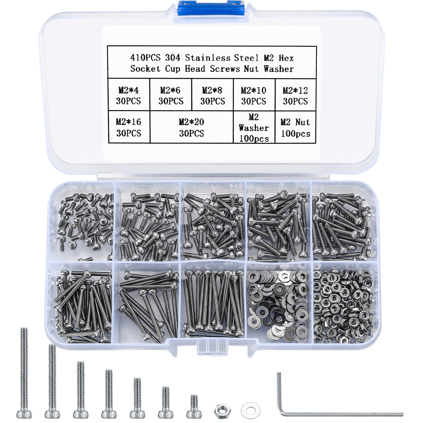 410 stuks M2 verzonken kop zeskantschroeven, 10.9 koolstofstaal volledige draad machineschroeven, moeren en ringen assortiment met inbussleutels 