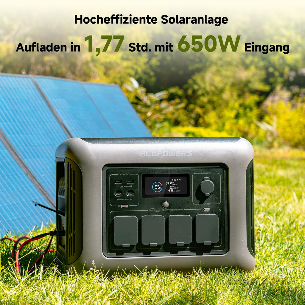 ALLPOWERS R1500 Draagbaar Energiestation met 200W Zonnepaneel, 1152Wh LiFePO4 Accu met 1800W AC Output Zonnegenerator, 43dB Stille Werking Mobiele Noodstroomvoorziening voor Tuin Reizen Kamperen Camper 