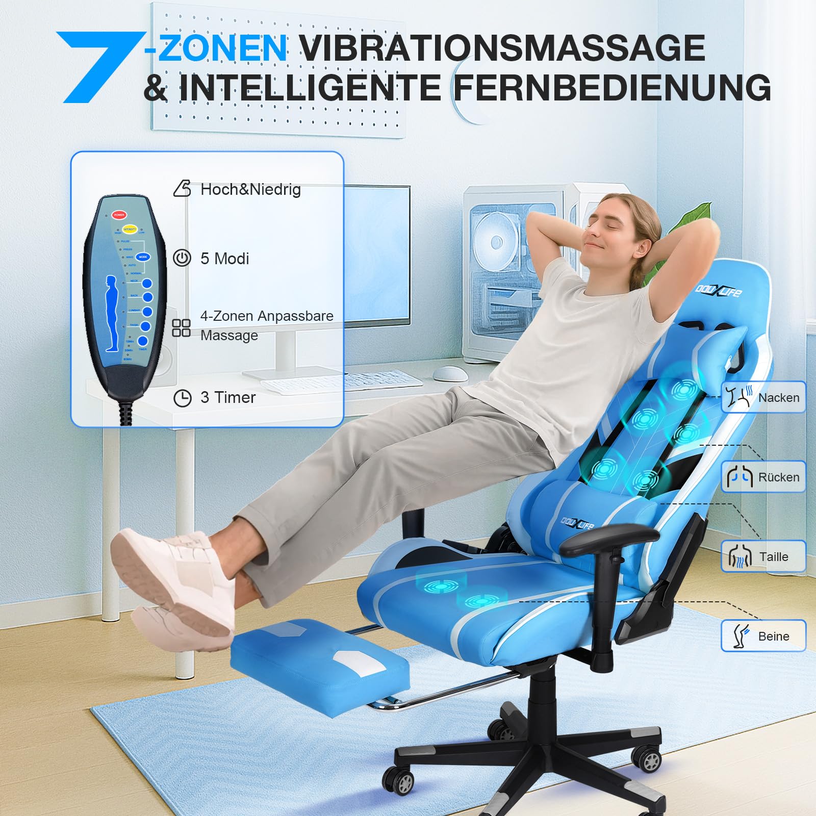 Douxlife Gaming Chair, met 7-punts massage, voetensteun, ergonomische bureaustoel (180 kg), rugleuning verstelbaar van 90-175°, verstelbare armleuningen, bureaustoel voor volwassenen, zwart-wit 