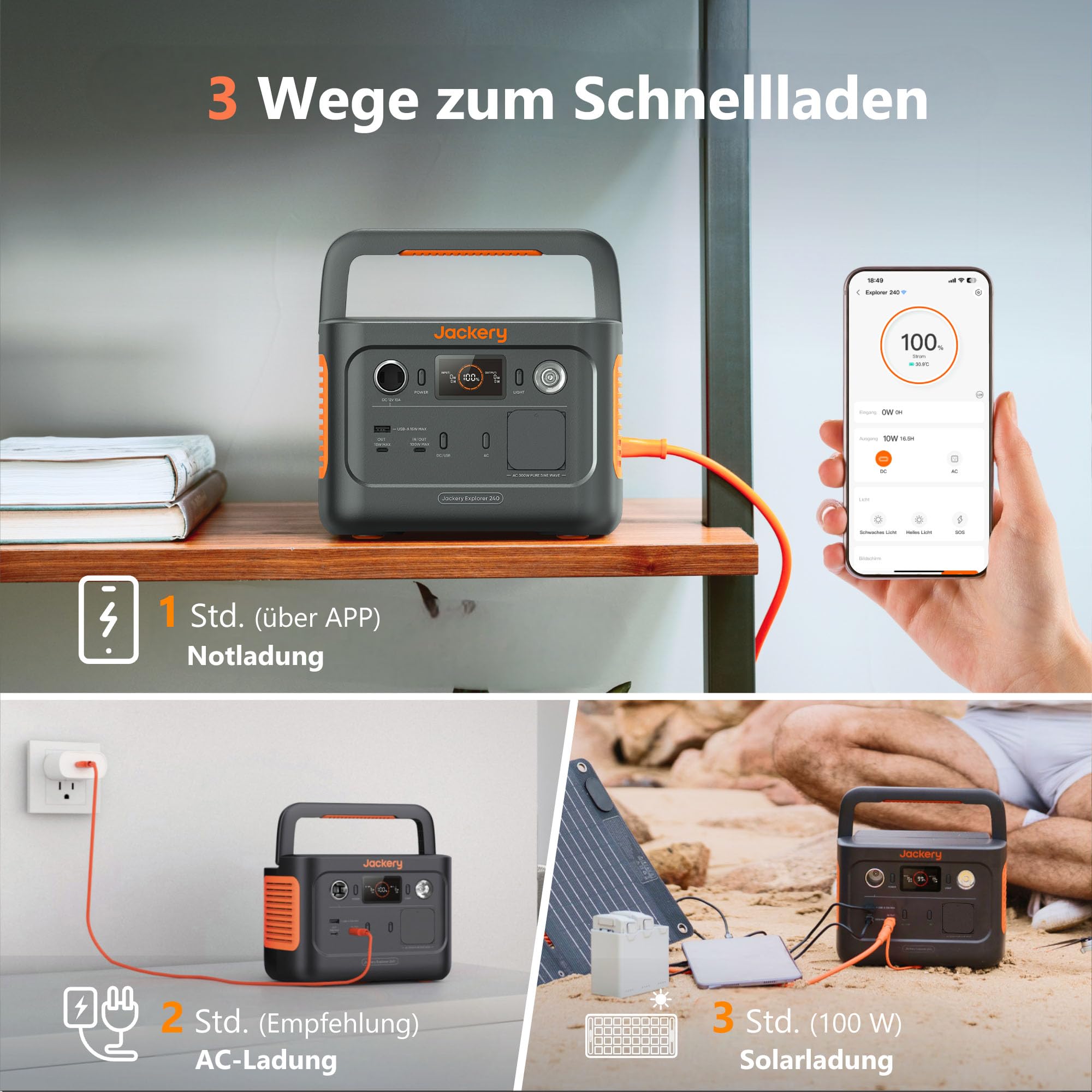 Jackery 240 v2 zonnegenerator met 40W zonnepaneel, 256Wh LiFePO4-accu, 300W AC en 100W USB-C-uitgang voor buiten, kamperen en noodgevallen (nieuw in 2024) 