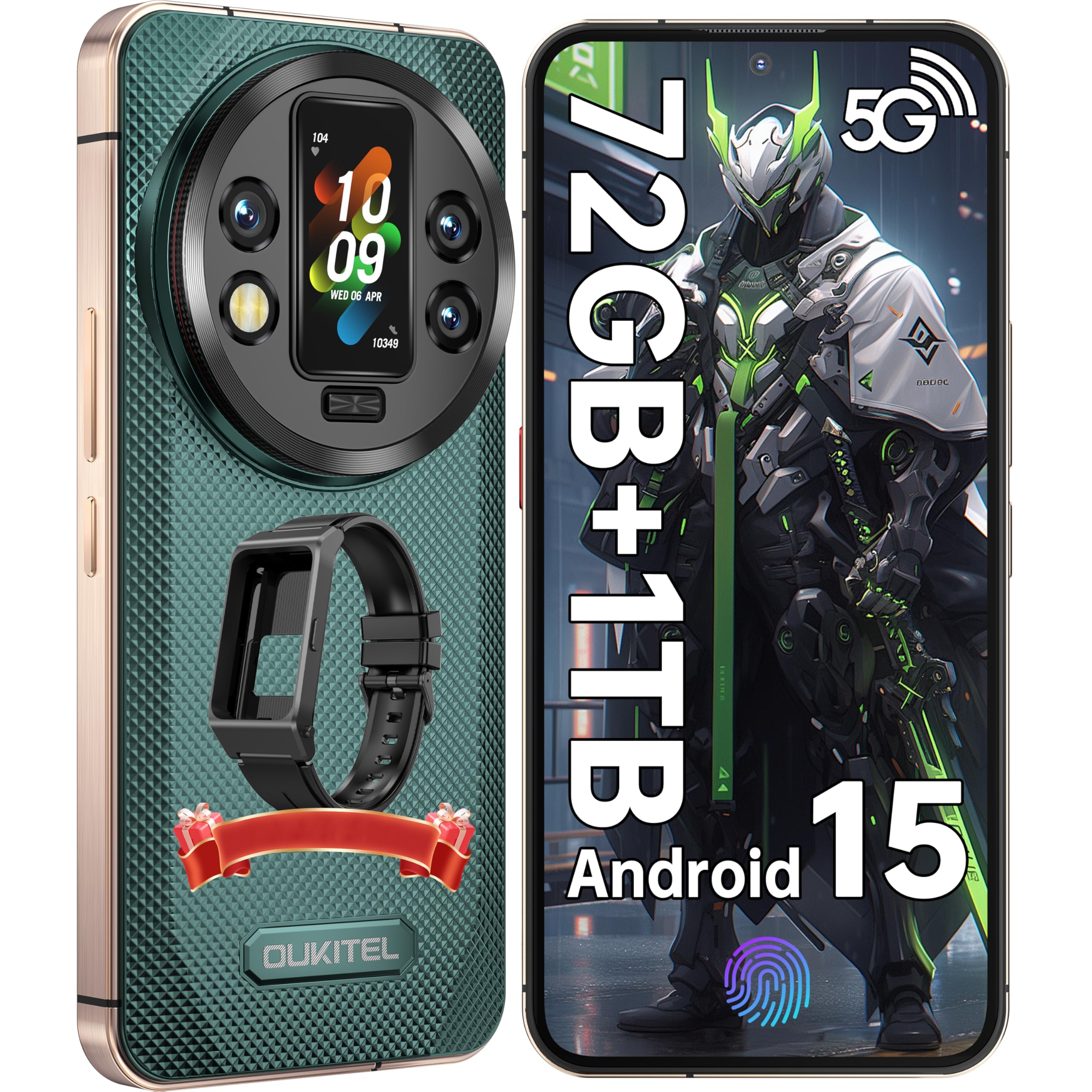 OUKITEL WP200 Pro 5G Outdoor Smartphone - Android 15 72GB + 1TB Smartphone met SmartWatch, 6,7" AMOLED FHD+ 120 Hz Waterdicht Ontgrendeld, 8580mAh/45W, 108MP Camera, 5G Dual SIM/NFC/WiFi 6 - Groen