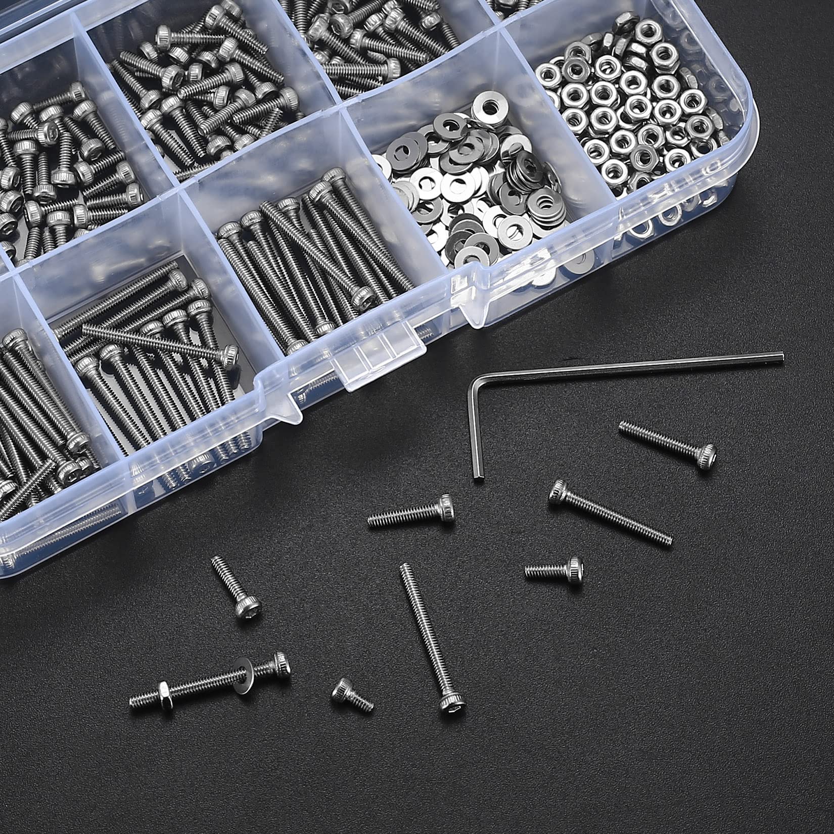 410 stuks M2 verzonken kop zeskantschroeven, 10.9 koolstofstaal volledige draad machineschroeven, moeren en ringen assortiment met inbussleutels 